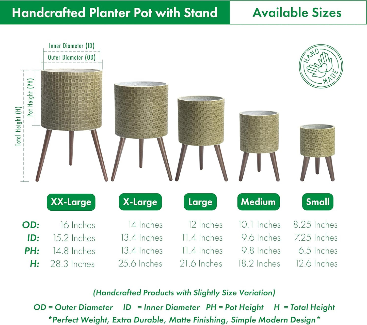 D'vine Dev 12 Inch Modern Geometric Tile Patterned Sleek Planter Pot with Stand, Indoor Outdoor Decorative Plant Holder, Distressed Olive, 88-Z-C-4