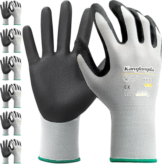6-Paris Medium Work Gloves for Men and Women, Nitrile Coated Safety Protective Gloves with Grip, Ideal for Gardening, Warehouse, Mechanic, Light Duty Construction Work