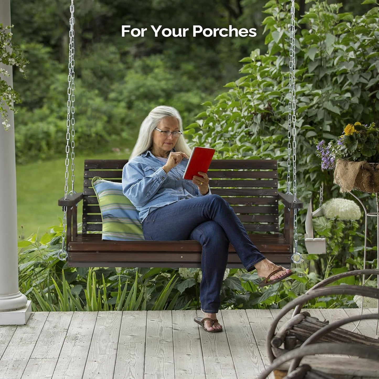 VINGLI Upgraded Patio Wooden Porch Swing for Courtyard & Garden, Heavy Duty 880 LBS Swing Chair Bench with Hanging Chains for Outdoors (Rustic, 4 FT)