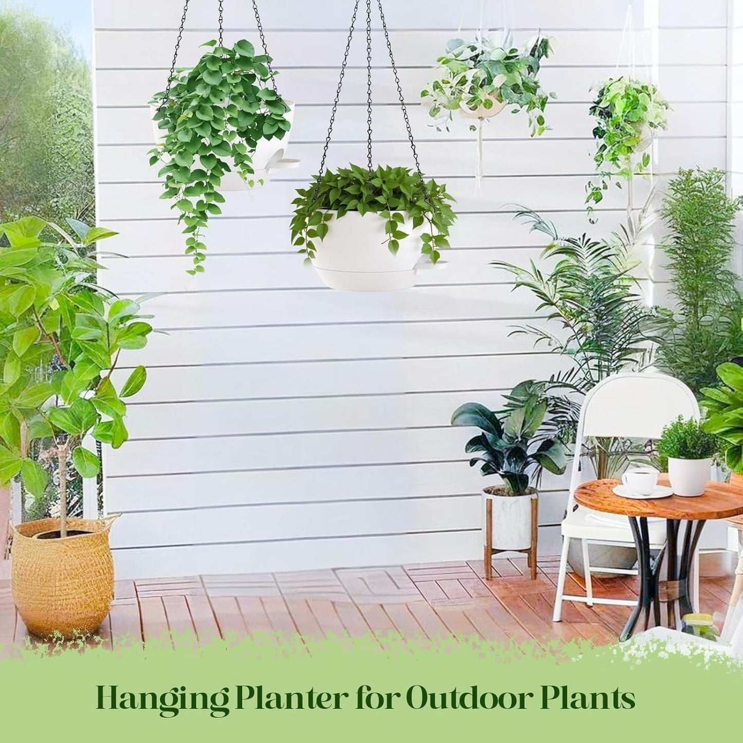 10 Inch Hanging Planters with Chains 2 Pack Self Watering White Plastic Hanging Pots for Indoor Outdoor Plants, Garden Porch Home Decor (White)