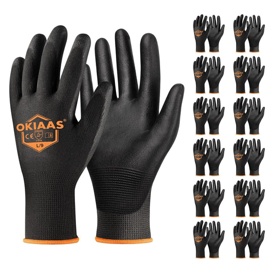 OKIAAS Work Gloves for Men,Ultra Thin and Lightweight Working Gloves with Grip,12 Pairs Bulk Pack Construction Gloves with Polyurethane Coating,Safety Gloves for Light Duty Work (Black, Large)