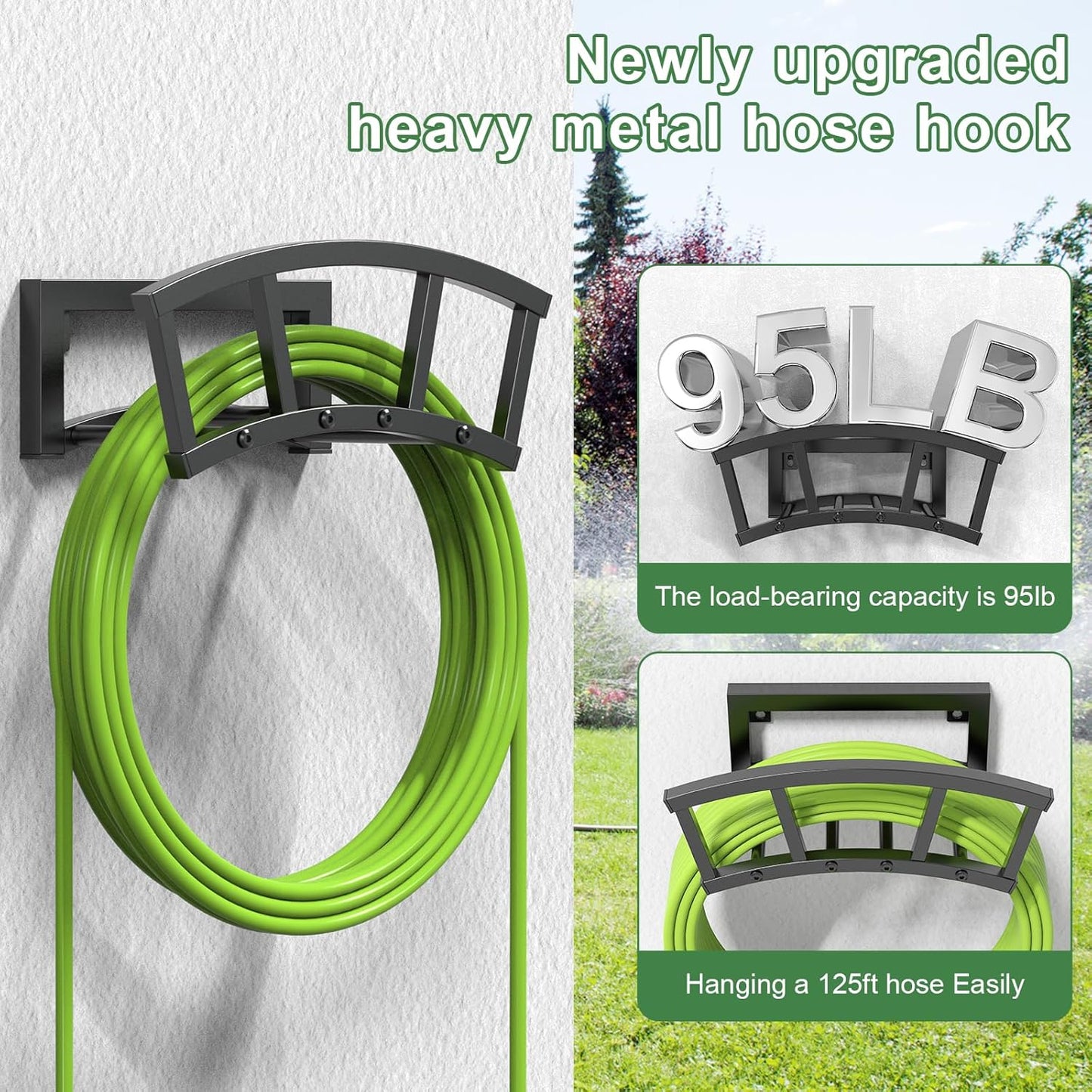 Garden Hose Holder Wall Mounted, Outdoor Heavy Duty Metal Water Hose Holder Hanger Holds 125-ft Water Pipe, Sturdy Detachable Hose Storage Organizer Reel Rack for Outside Garden Lawn Yard Farm