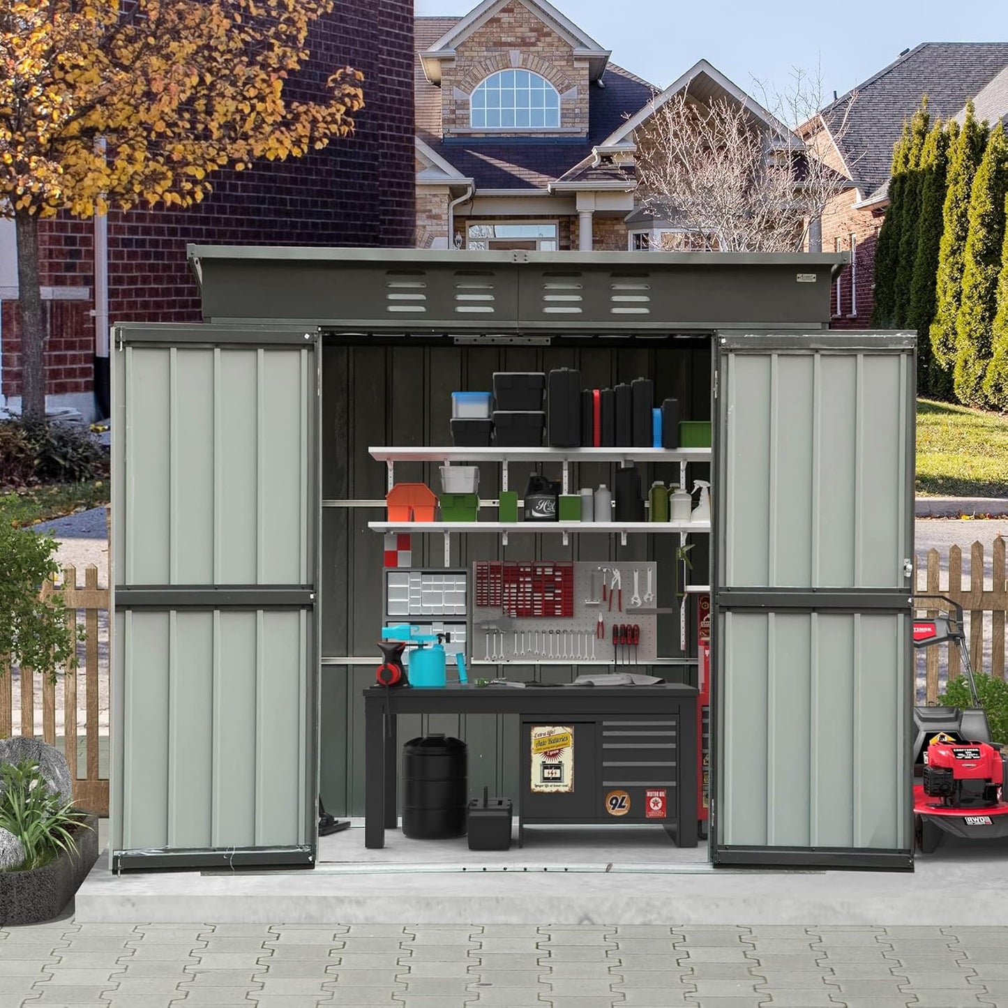 Domi Outdoor Storage Shed 6' x 4.5’, Metal Garden Shed with Galvanized Steel Frame for Bike, Tools, Lawn Mowers, Pool Toys, Outdoor Storage Cabinet with Lockable Door for Garden Lawn Patio (Dark Grey)