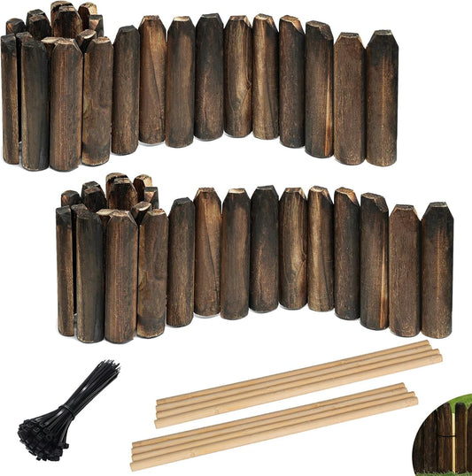 Wood Garden Edging, Wooden Fence Border Decorative Small Picket Panels for Flower Bed Barriers and Landscape Fencing (2 Pack)