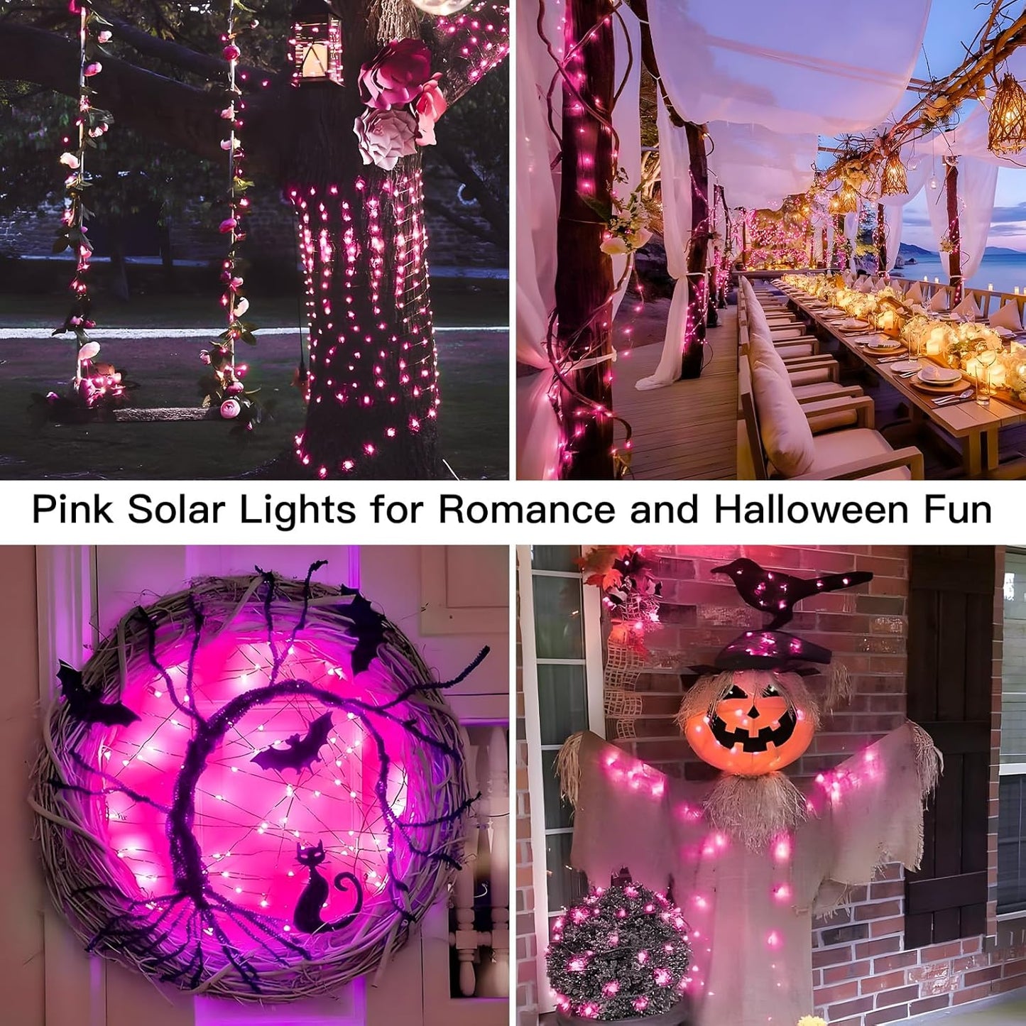 suddus Pink Solar String Lights for Outside, 2 Pack Total 66ft 200 Led Pink Fairy Light Outdoor, 8 Modes Solar Twinkle Light for Halloween Decor, Fence, Patio, Yard, and Party