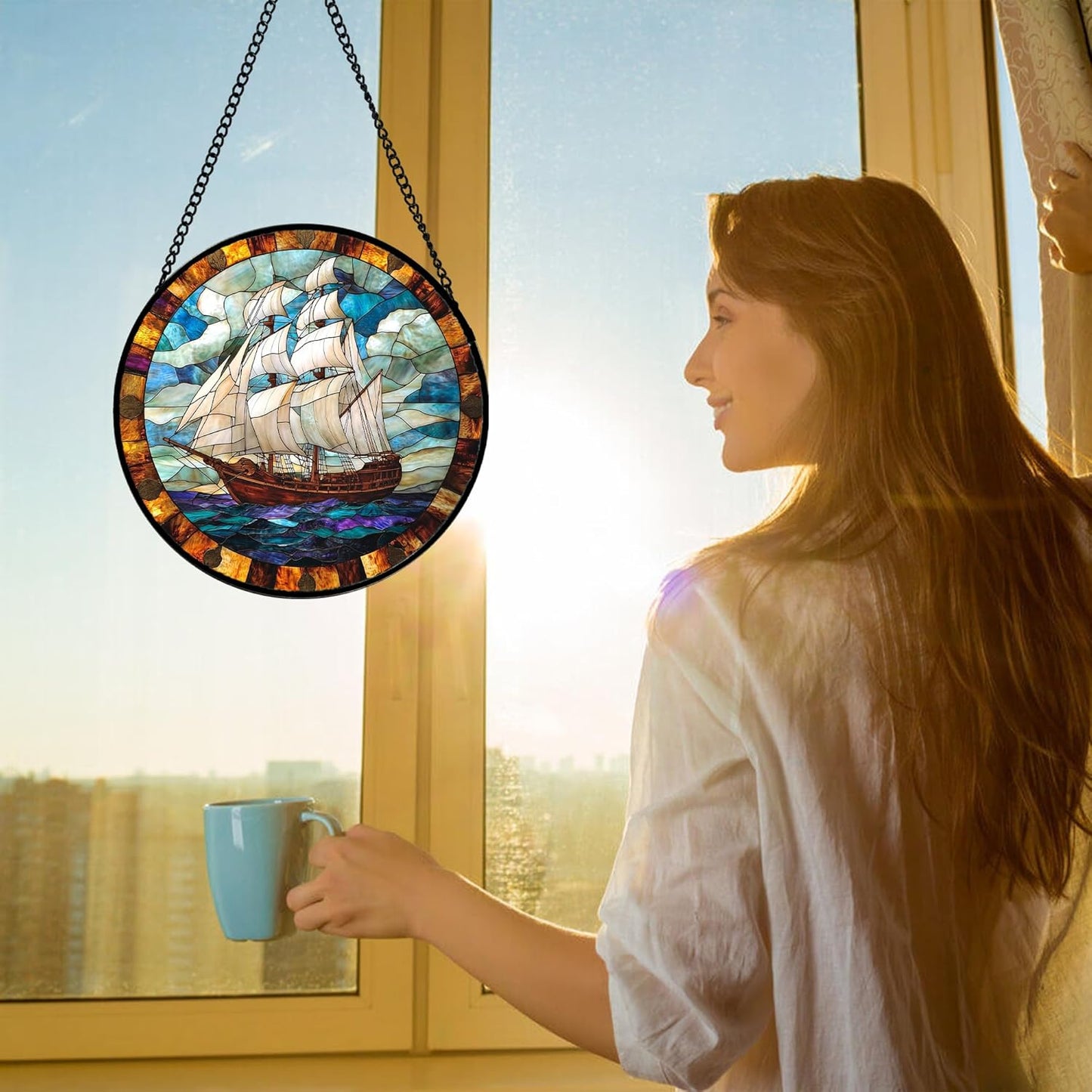 Stained Glass Window Hanging, Sailing Ocean Sun Catchers Glass Panel Navigation Suncatcher Decor for Birthday for Women, Men, Wife, Aunt, and Mom 7.8 in