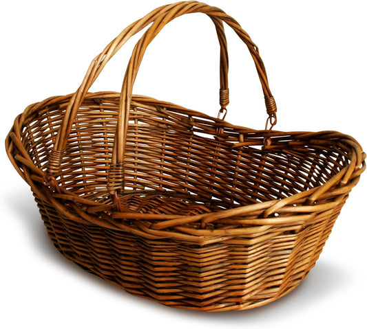 Wald Imports - Medium Dark Brown Hand Woven Wicker Basket for Storage with Handles - Woven Basket - Wicker Baskets for Picnics, Easter, Organizing, and More (17 x 6.5 inches)