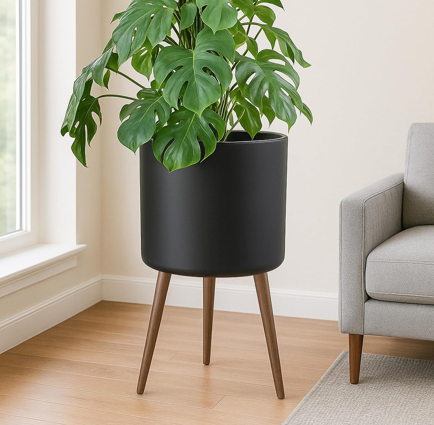 D'vine Dev 16 Inch Planter Pot with Stand, Mid-Century Tall Plant Pot with Legs for Indoor Plants, XX-Large, Black, 88-O-E-2