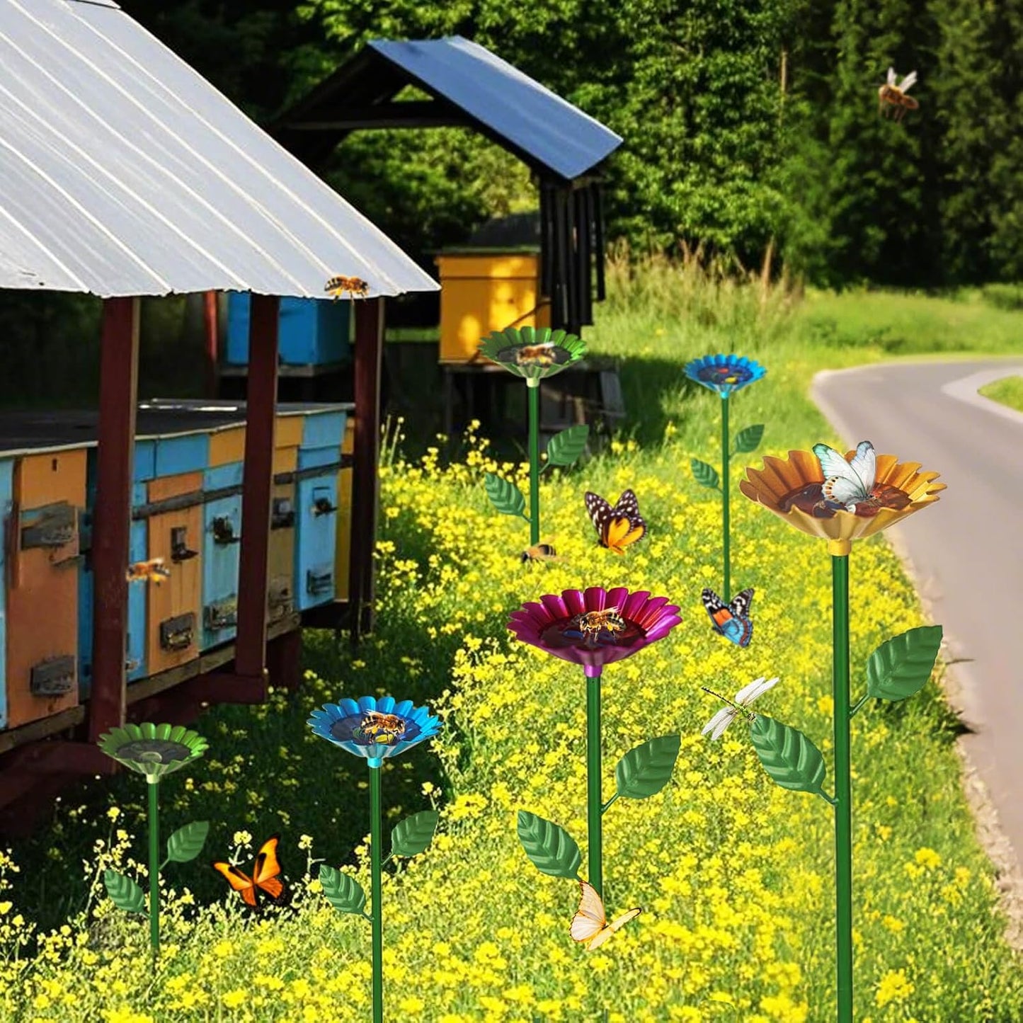 2 Pack Bee Watering Station, Bee Baths for Garden with Glass Marbles, Colorful Metal Butterfly Bird Water Feeder Supplies for Outdoor Garden Yard Farm Decor Flower Design (Blue,Yellow)