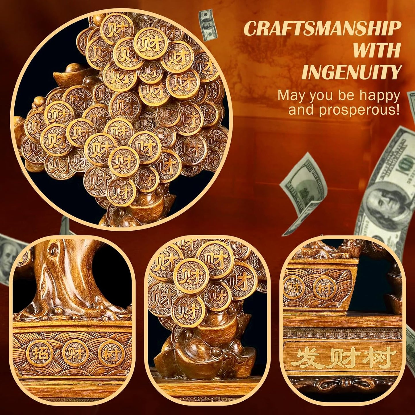 FENGSHUI-CAISHEN Top Resin Money Tree, Artificial Bonsai Tree, Handcrafted, Premium Quality, Feng Shui Gift for Abundance Luck and Success (Brown)