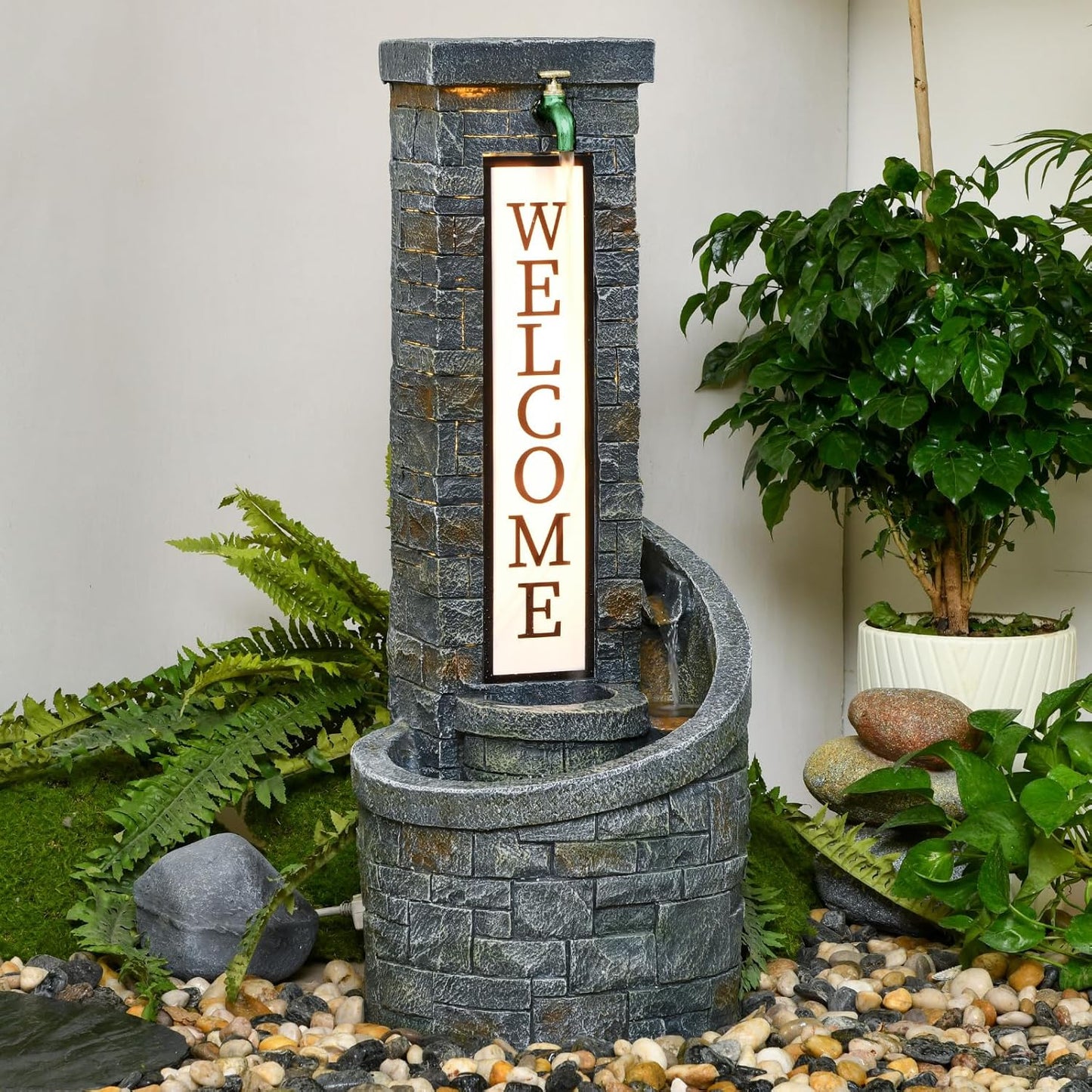 35.43 Inches Outdoor Water Fountain Welcome Garden Waterfall Indoor Modern Water Feature Freestanding Fountains with LED Lights and Pump for Patio Yard Pool Home Decor