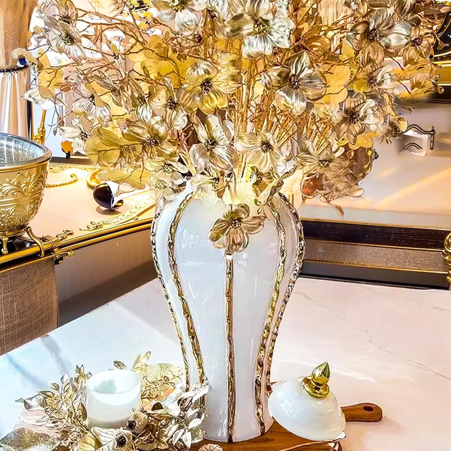 Ginger Jar, White Gold Ceramic Vase Large Handmade Porcelain Vases with Lid, White Gold Decorative Flower Vase for Home, Living Room, Weddings, Centerpieces (18in with Lid)