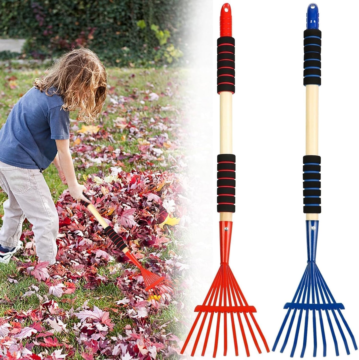 2 Pack Kids Rakes for Leaves, 28" Small Metal Toddler Rakes Garden Lawn Rake with Hardwood Handle and Soft Grip, Lightweight Child Size Yard Leaf Rake Kid Gardening Tools Set for Boys and Girls