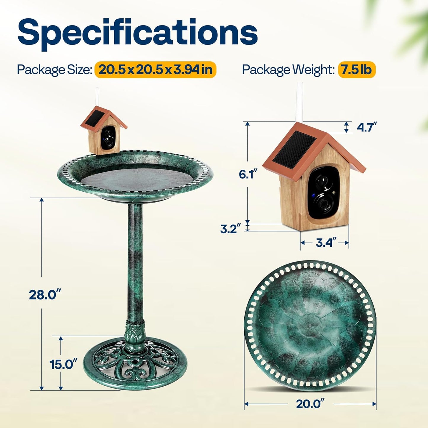 VIVOHOME Smart Polyresin Bird Bath with Camera, 2K HD Solar Powered Outdoor Bird Feeder with Night Vision, AI Bird Identification, Two-Way Audio, Instant Motion Alerts, 2.4GHz WiFi, Green