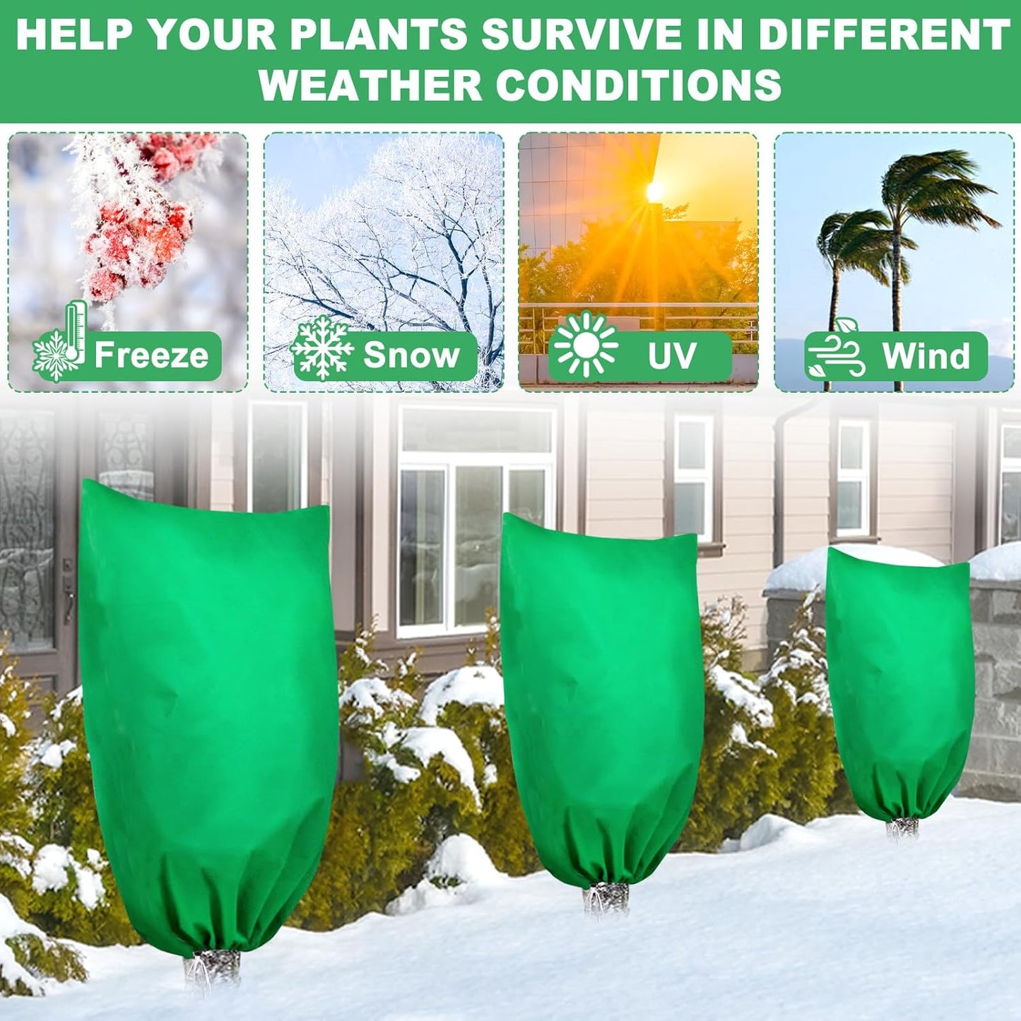 3 Pack Winter Plant Covers Freeze Protection, 19.6" x 39.3" Frost Blankets for Outdoor Plants with Drawstring, Tree Covers Bags Shrub Covers for Winter Cold Weather, Rose Bush Cover for Winter