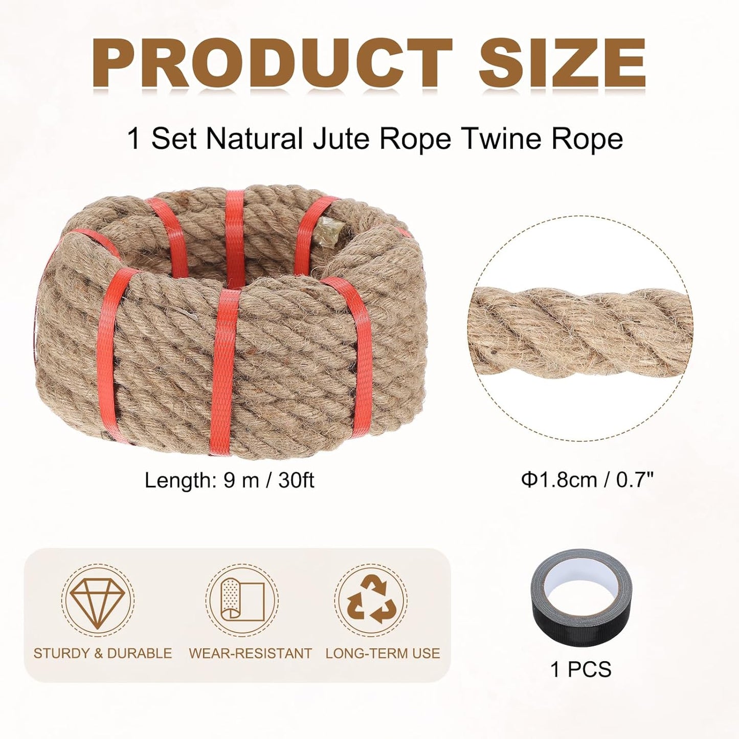 MECCANIXITY Jute Rope 0.7 Inch x 30ft, Thick Twine Rope Ropes Braided Jute Twine Natural Brown Burlap Cord String Heavy Twisted with Tape for Decorative Crafts Railing Swing Tug of War
