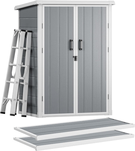 DWVO Outdoor Vertical Storage Shed with 2 Shelves, 60 Cu Ft Waterproof Resin Garden Shed with Floor & Lockable Door, Plastic Tall Tool Cabinet for Garbage Cans, Lawn Equipment, Garden Supplies (Gray)
