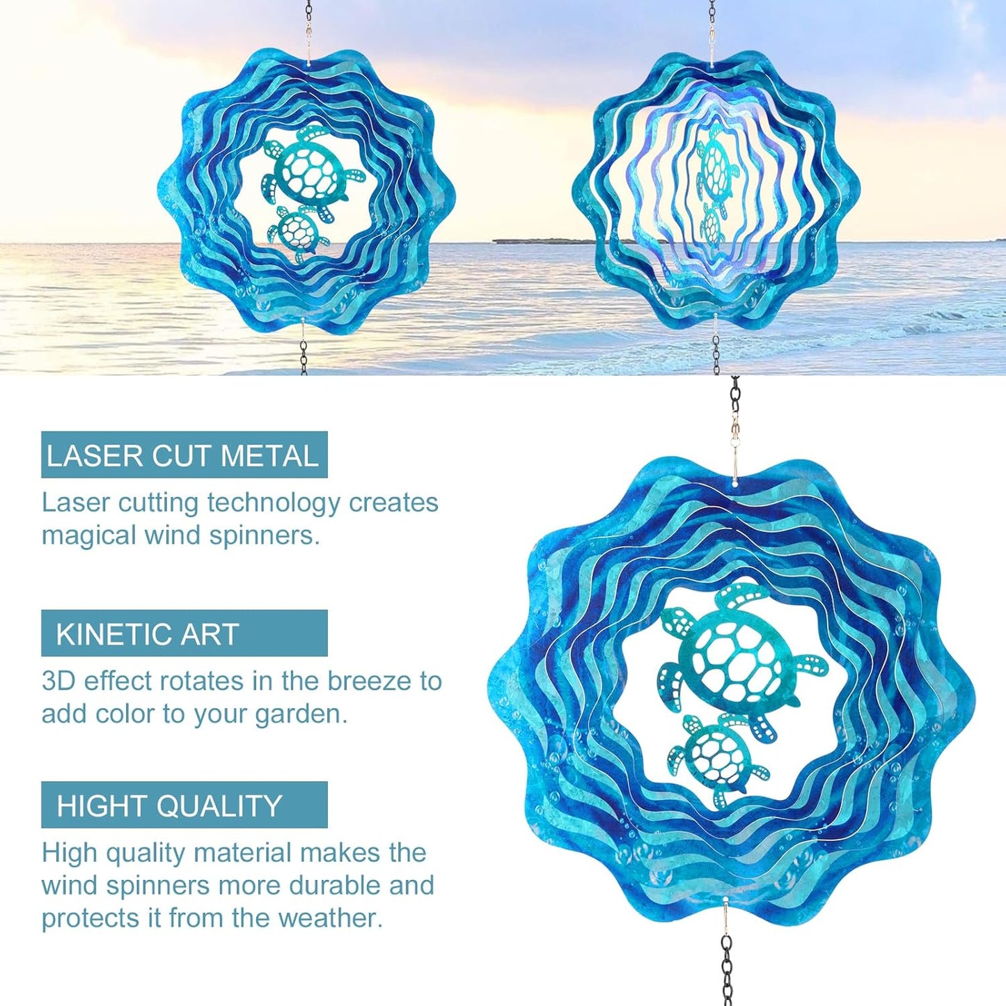 Sea Turtle Hanging Wind Spinners - 12 Inch 3D Kinetic Outdoor Large Metal Wind Spinner Blue Wave and Turtle Pattern with Starfish Pendant for Yard and Garden Decoration Laser Cut Sculpture Art