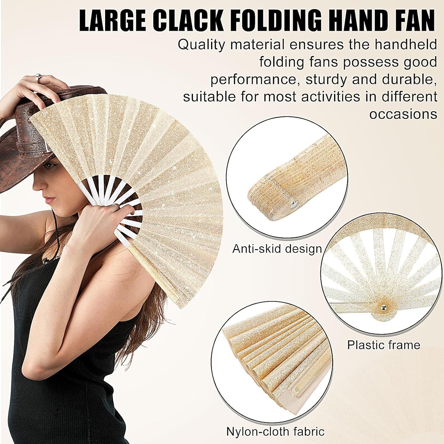 Blulu 4 Pcs 13 Inch Large Folding Hand Fans for Line Dancing Big Clapping Popping Raves Fans Bulk for Dancing Boots on The Ground Festival Party Decoration(Classic Style, Gold)