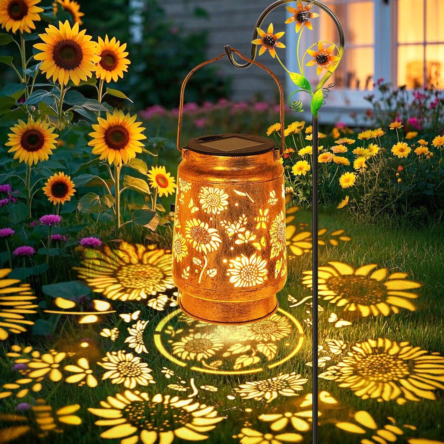 Sunflower Solar Lanterns Garden Decor, Birthday Gifts for Women Mom Grandma Metal Hanging Solar Lights Outdoor Waterproof LED Decoration with Shepherd Hook Outside for Garden Yard Patio Fall Decor