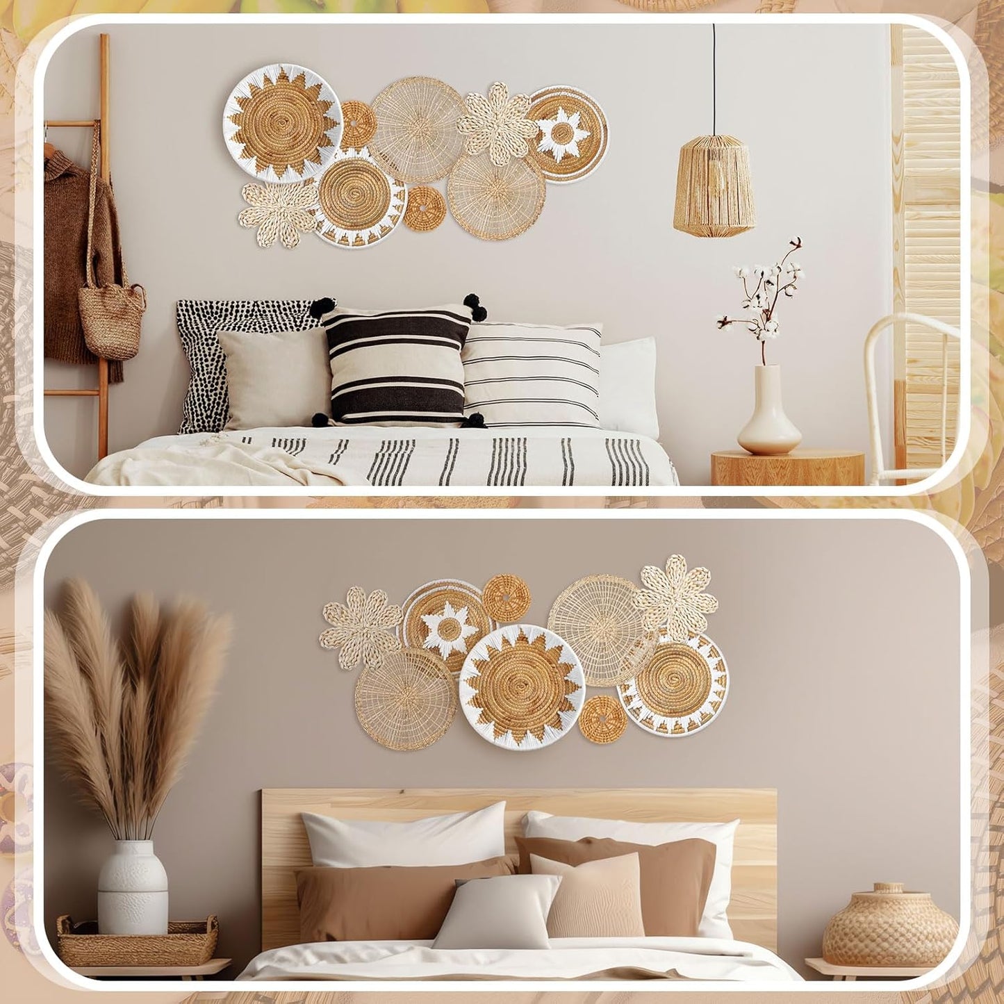 Xuhal Set of 8 Hanging Woven Wall Basket Handmade Decorative Rustic Boho Basket Decor Handcrafted Wicker Round Seagrass Wall Art for Home Kitchen Farmhouse Table Living Room