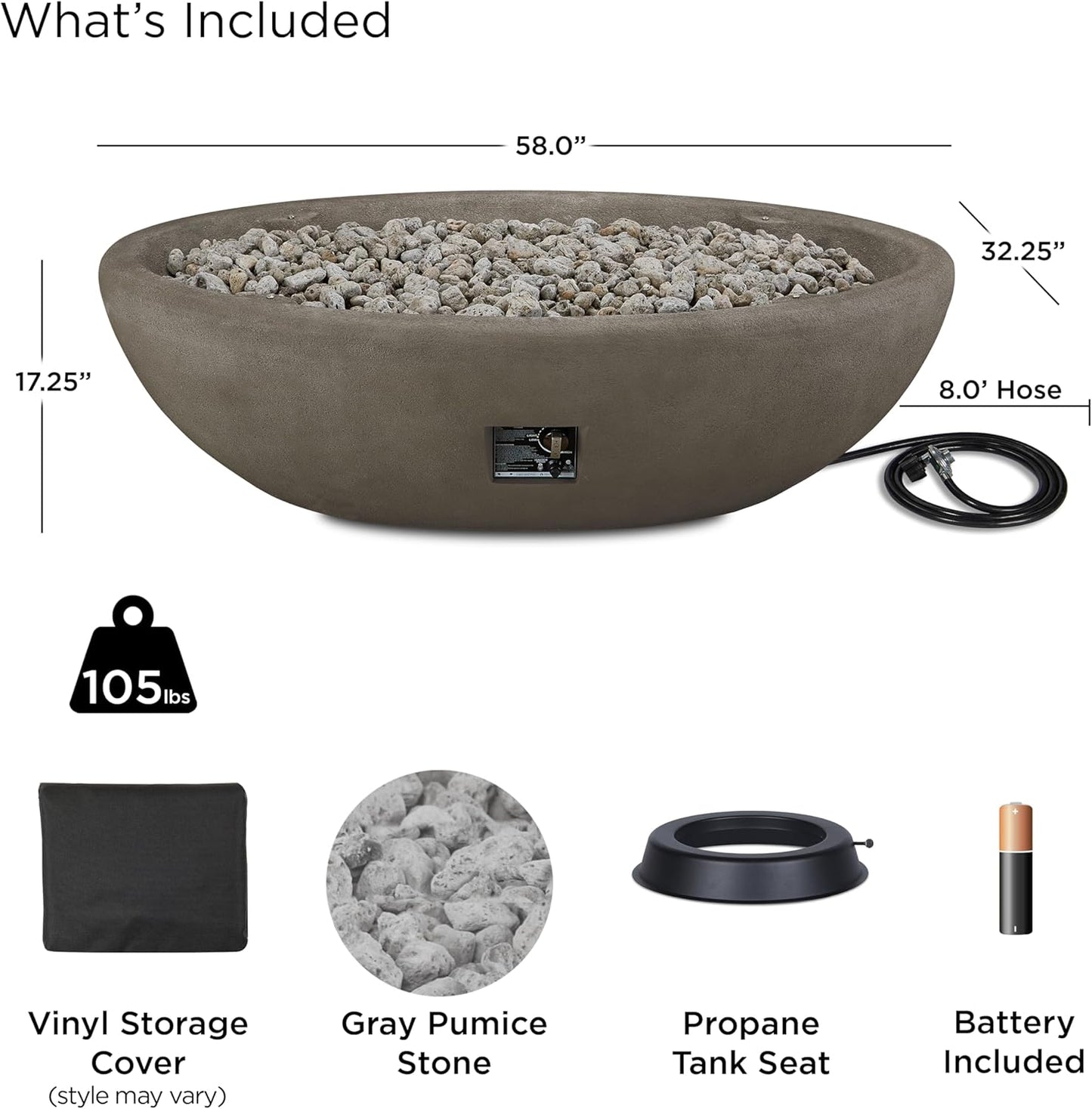 Real Flame Riverside 58" Oval Propane Fire Pit Bowl, Push-Button Ignition, Includes 28" Stainless Steel Burner, Lightweight 50,000 BTUs of Heat - Adjustable Flame Height