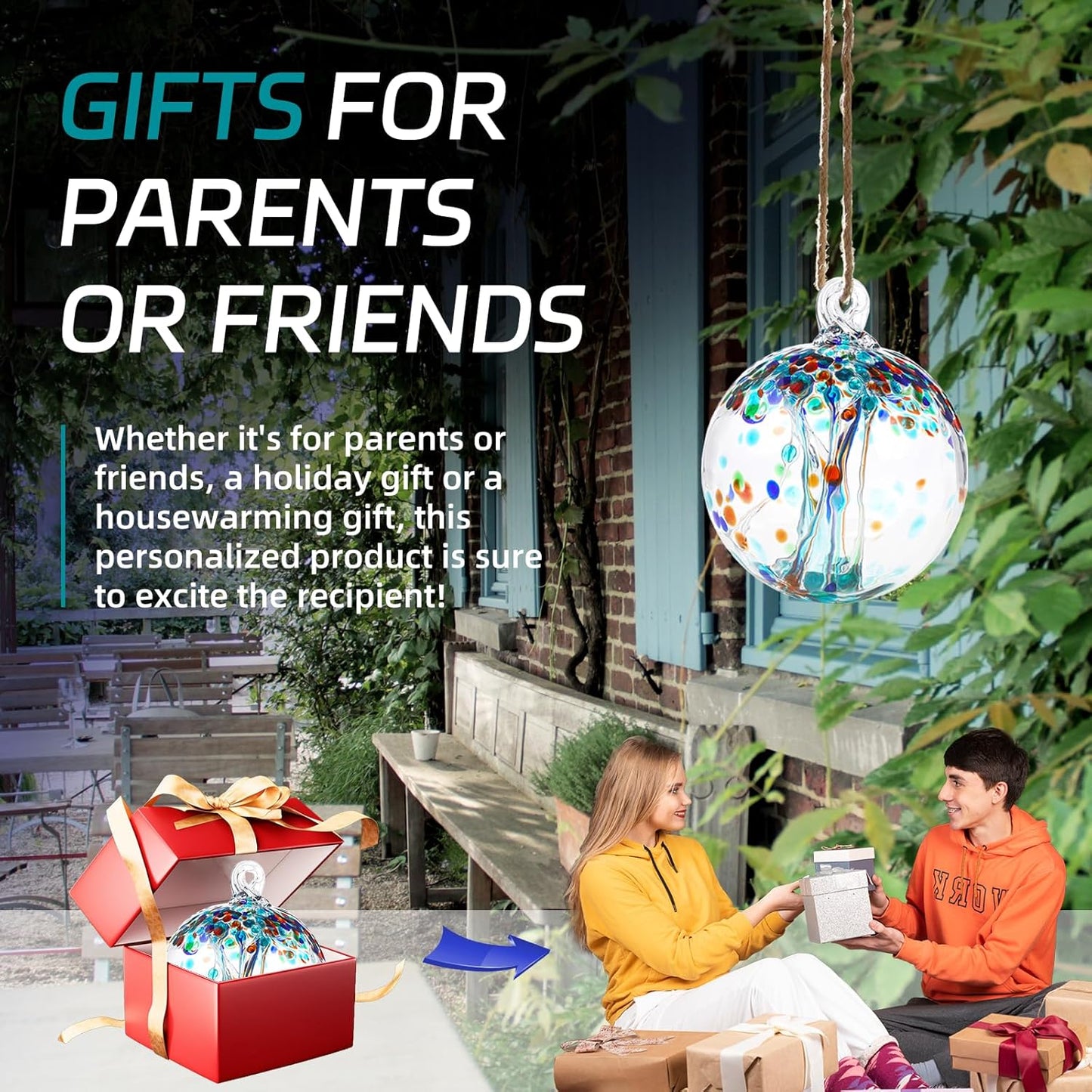 VOREEN 4" Hanging Glass Garden Gazing Ball Hand Blown Glass Witch Ball Christmas Ornament Friendship Balls for Outdoor Garden Patio Window Home Décor, Gift for Mom Wife Friend, Teal Blue