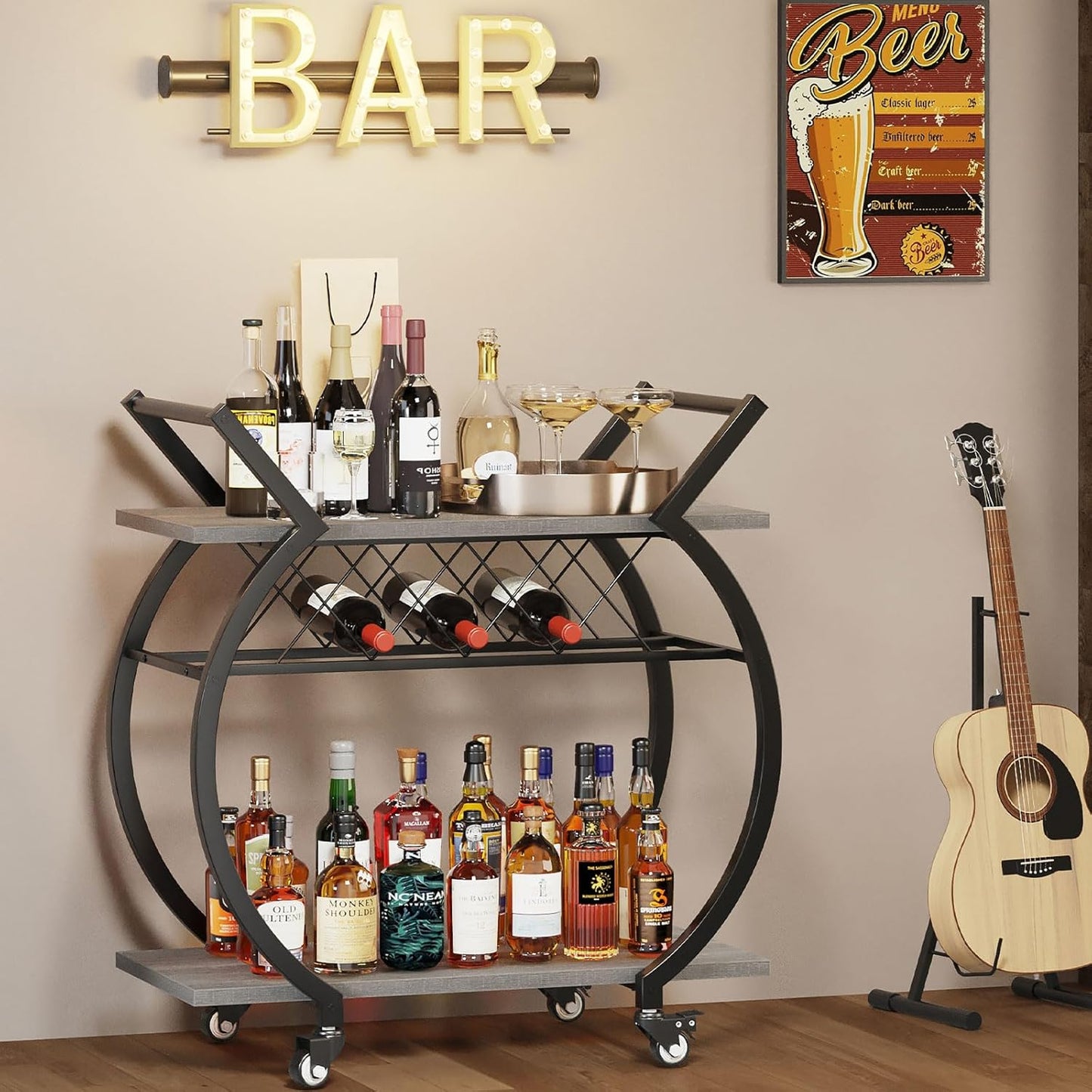 LVB Bar Cart with Wine Rack, 2 Tier Farmhouse Kitchen Cart on Wheels, Modern Wood and Metal Portable Coffee Cart Table for Home, Utility Industrial Mobile Serving Cart with Storage Shelf, Grey Oak