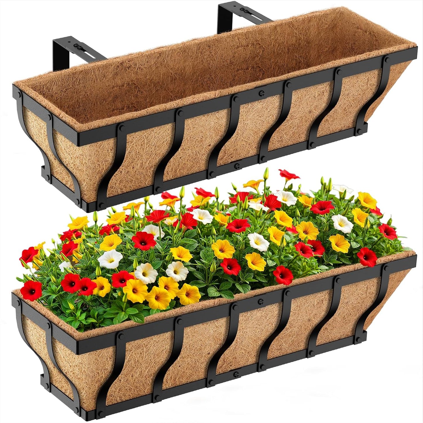 Railing Planter Boxes, Heavy Duty Window Box Planters, Adjustable Balcony Planters for Railing Hanging, with Coco Liner & Support Rod for Deck, Porch, and Patio Gardening (2 Pack, 24 Inch)
