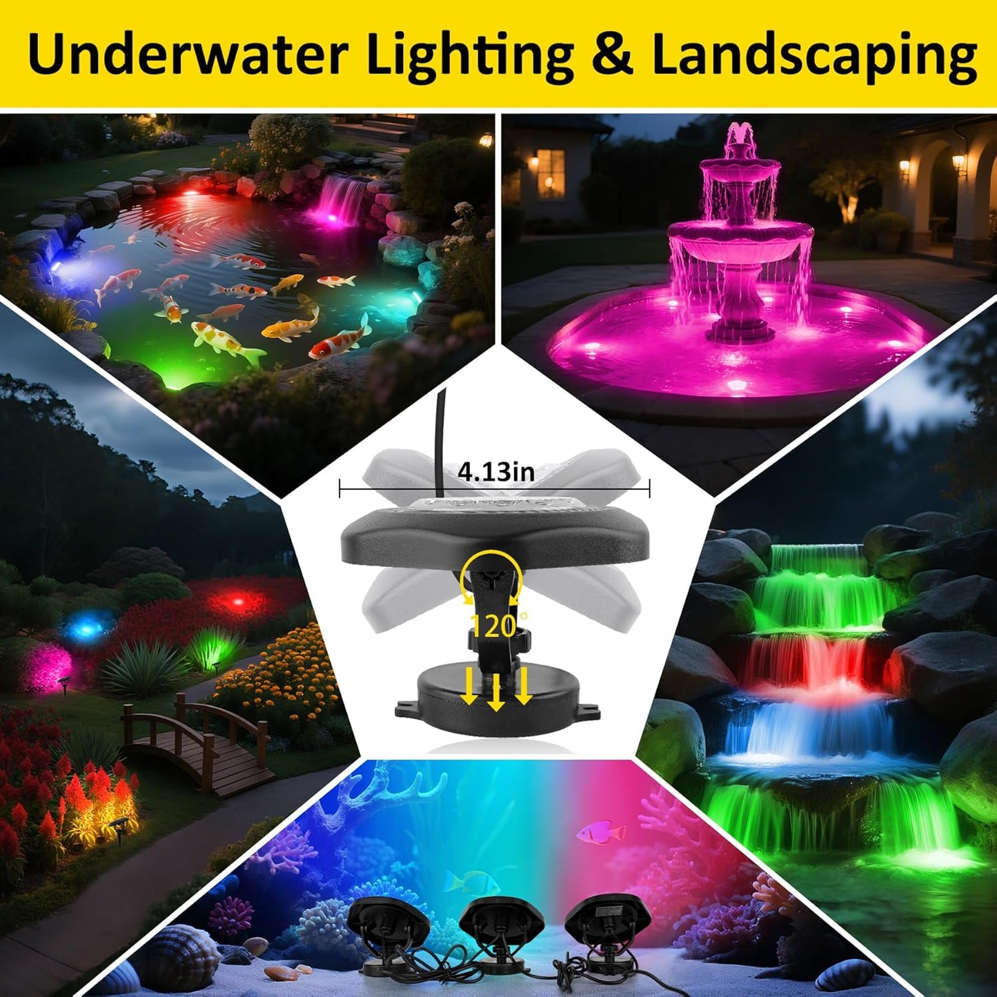 T-SUN Colored Pond Lights with APP and Remote Control – Bright LED Underwater Submersible Fountain Lights, IP68 Waterproof Landscape Spotlight for Garden Koi Pond Aquarium Fish Tank (Set of 6)