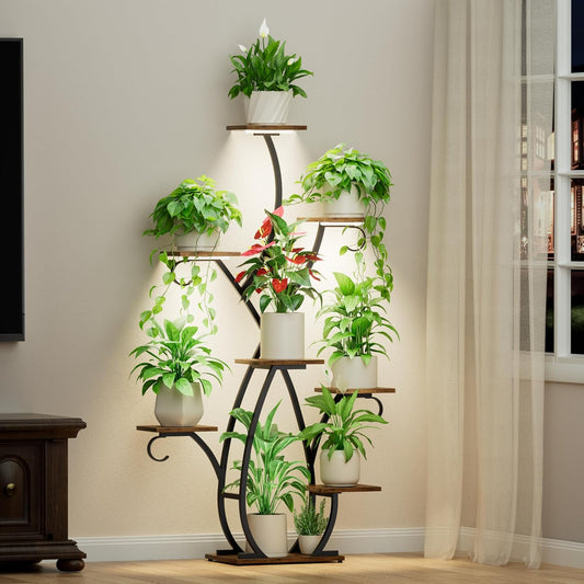 Plant Stand Indoor with Grow Lights - 58" Tall Plant Shelf Indoor, 8 Tiered Corner Lighted Plant Shelves for Indoor Multiple Plants, Metal Flower Stands Display Rack for House, Patio, Black