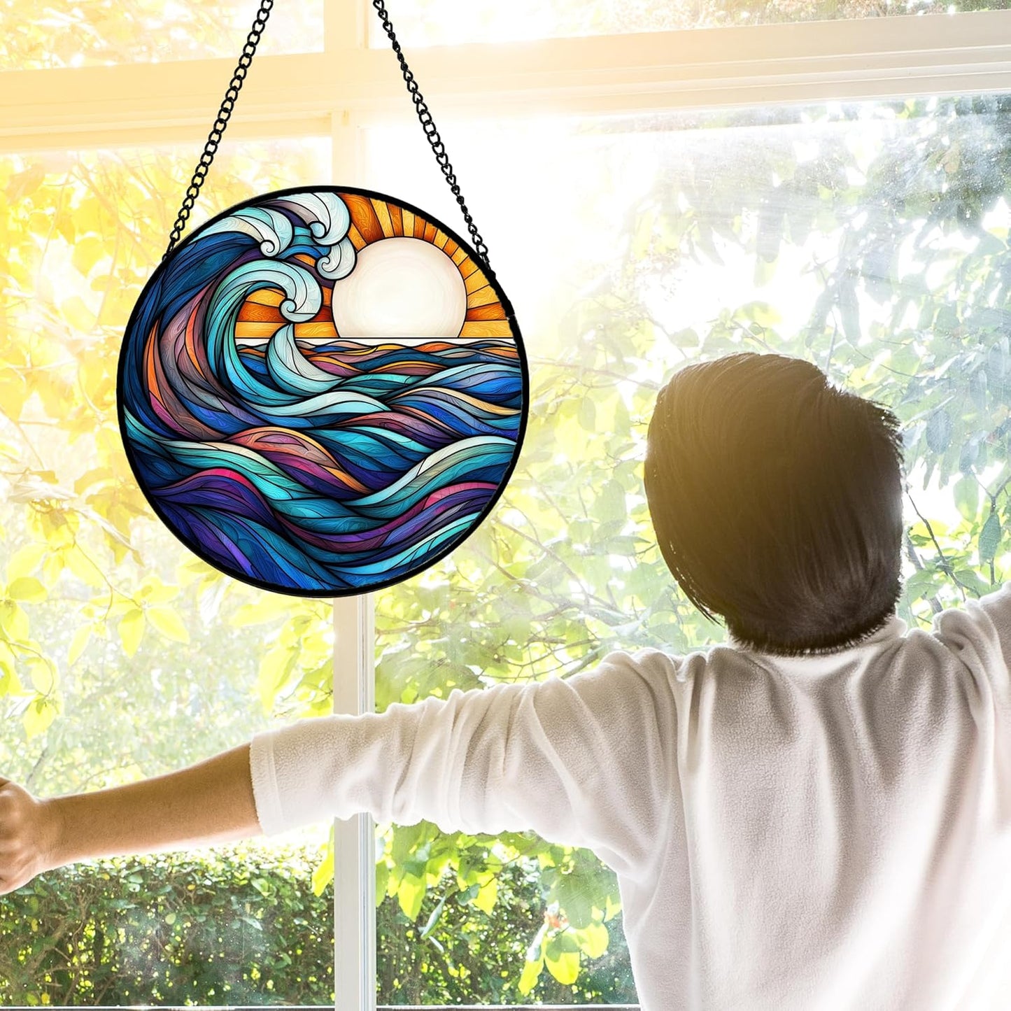Stained Glass Window Hanging, Big Wave Sun Suncatcher Diamond Glass Panel Hangings Abstract Sun Catchers Decor for Birthday for Women, Men, Wife, Aunt,and Mom 6.3X6.3IN