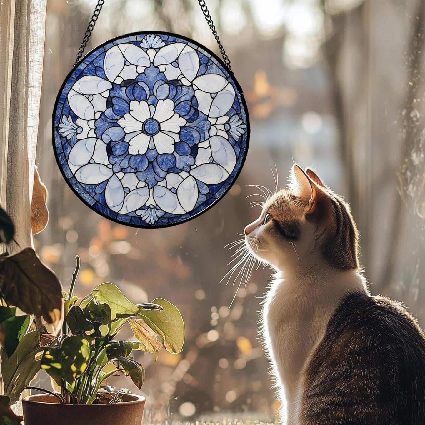 Stained Glass Window Hanging - Blue White Floral Pattern Suncatcher for Doors Garden Retro Sun Catchers Decor Christmas Mother's Day Birthday Gifts for Women Men Mom Nana Friend Girl 15 in
