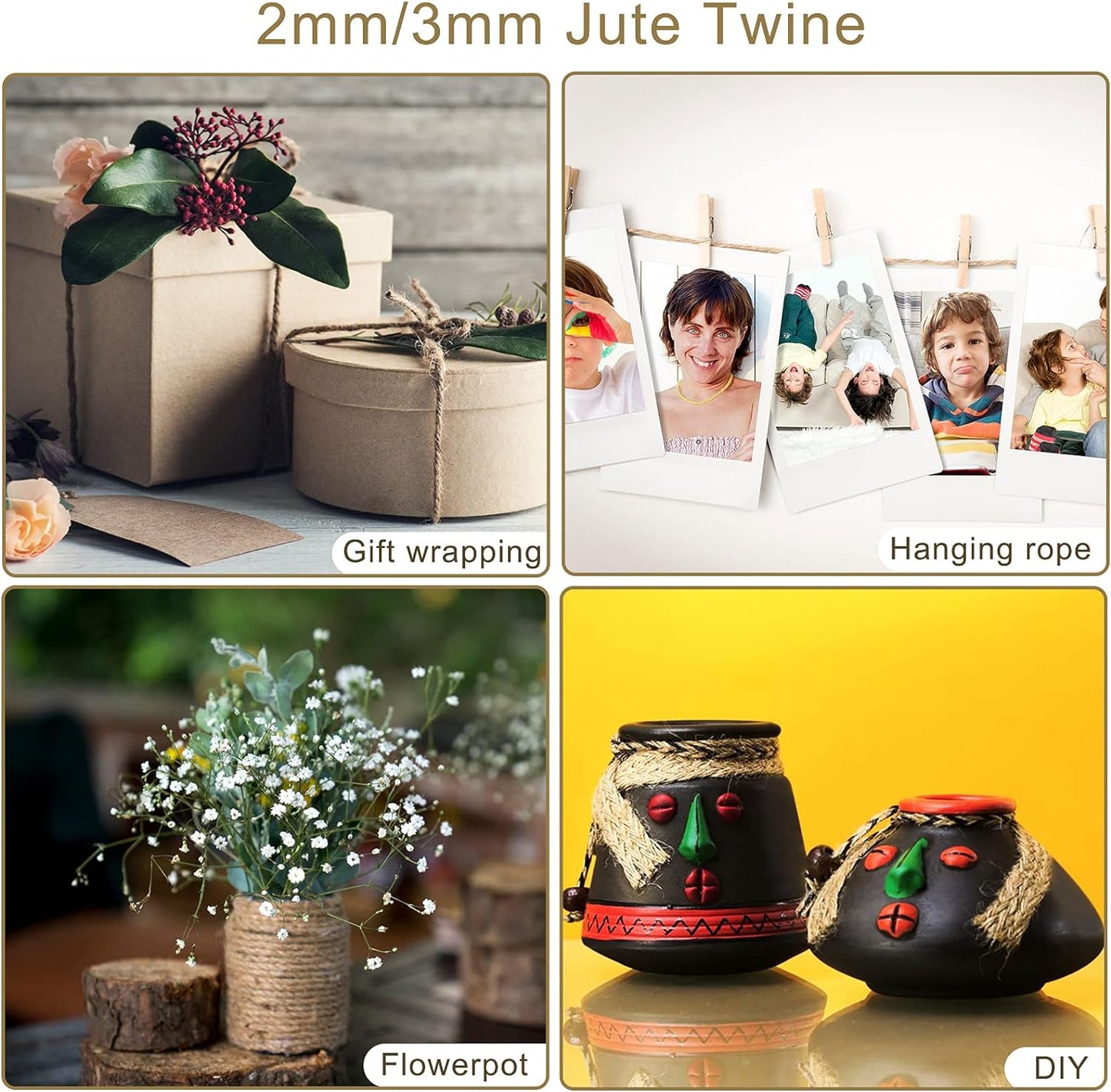 Natural Jute Twine Rope (1.5mm/2mm/3mm/6mm) Durable String for Handmde Crafts,Gardening Applications,Home Gardening,Cat Scratching Post,Gift Packaging... (3mm*328ft)