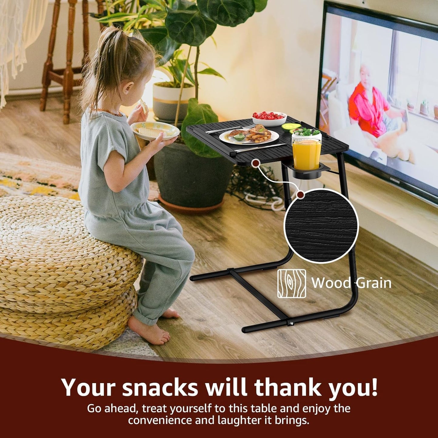 Adjustable TV Tray Black Dinner - Folding Trays for Eating On Couch Wooden Tables Mate Stand Foldable Desk with Cup Holder Portable