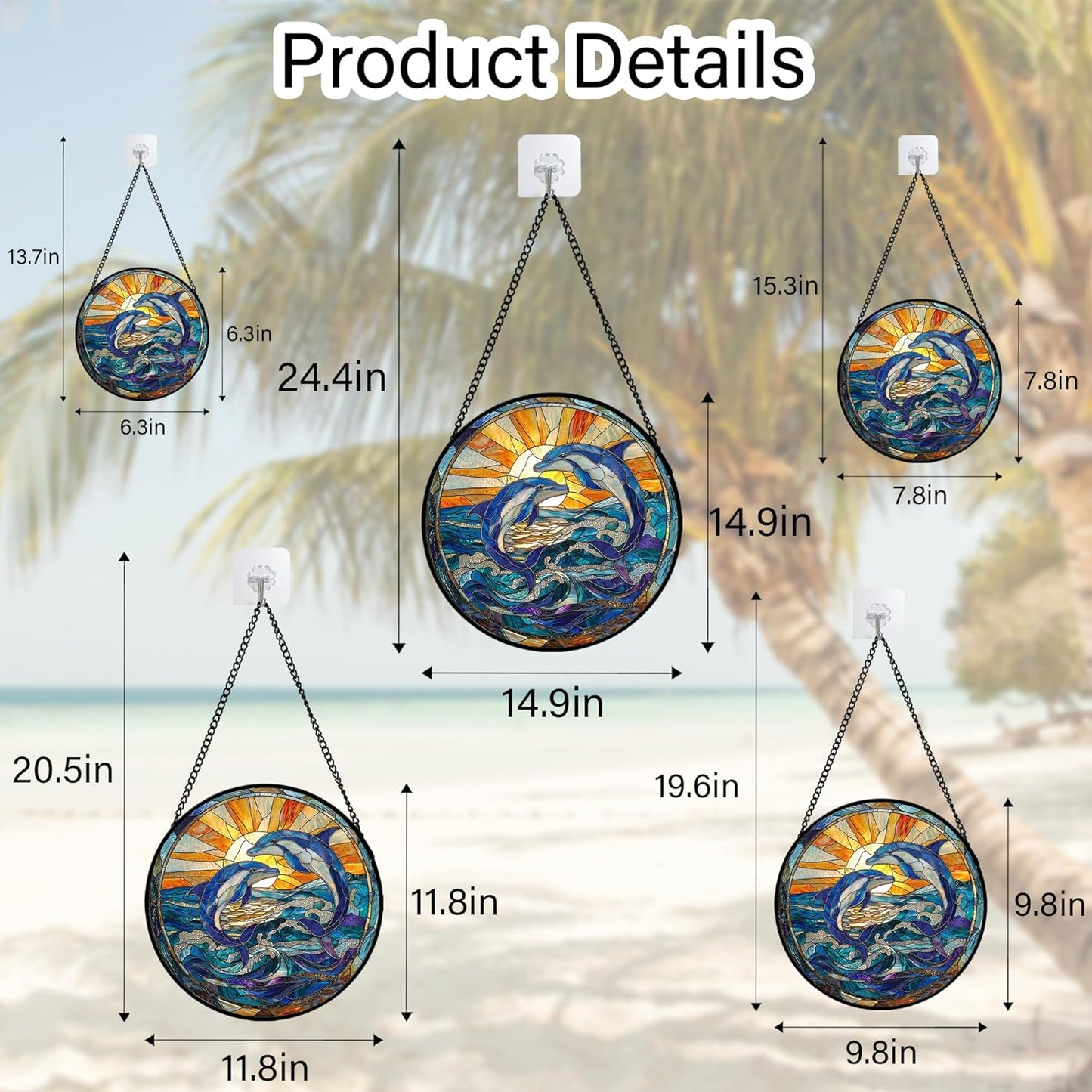 Stained Glass Window Hanging, Blue Dolphin Sun Catchers Colorful Glass Panel Sunrise Sea View Suncatcher Decor for Birthday for Women, Men, Wife, Aunt, and Mom 14.9x14.9 in