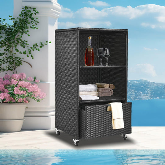 Outdoor Towel Rack for Pool Outdoor Pool Towel Storage Cabinet with Shelf & Drawer Pool Towel Holder with Rolling Wheels Hot Tub Towel Rack w/Waterproof Cover Poolside Towel Valet Caddy for Spa Black