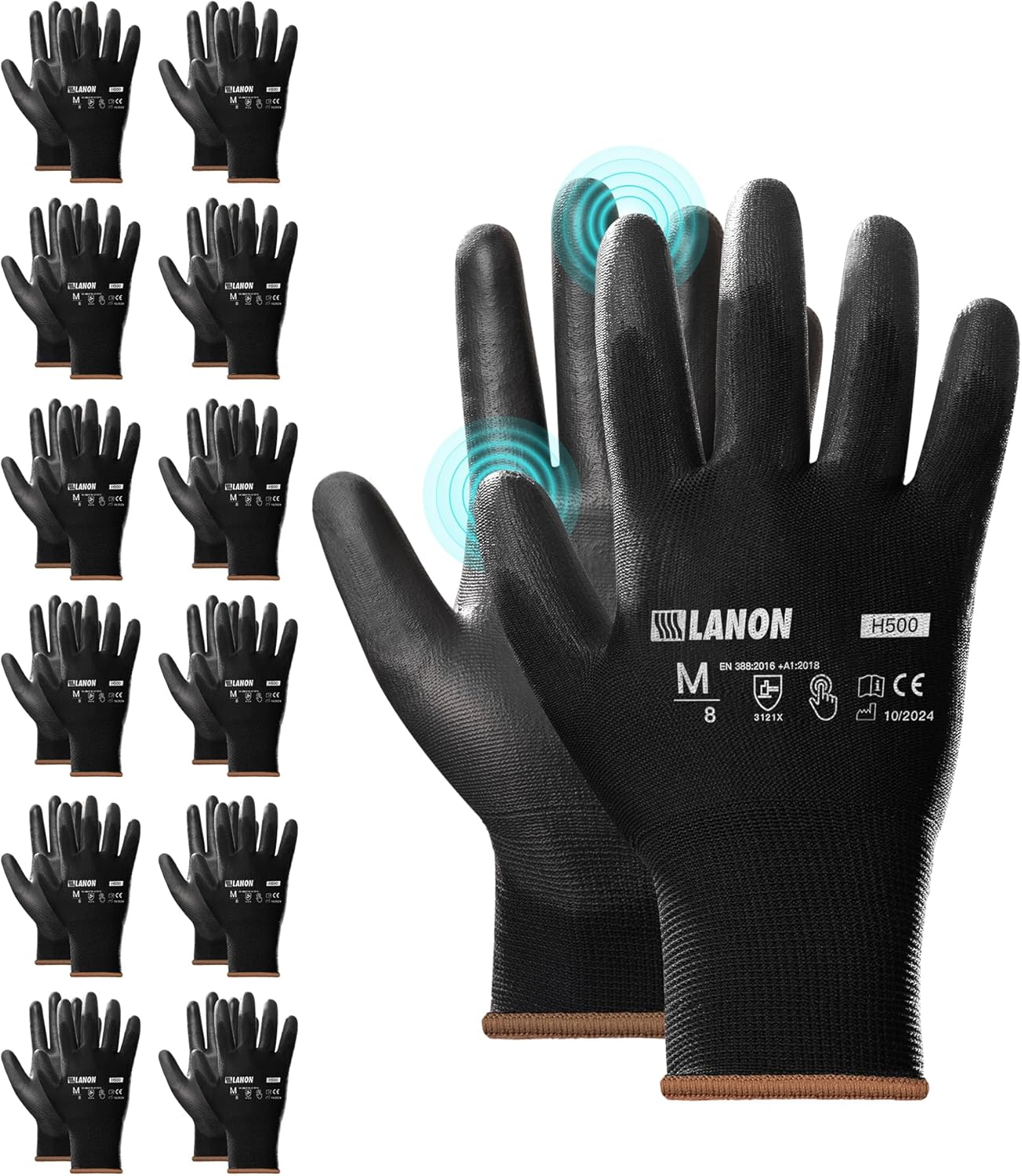 LANON 12 Pairs Safety Work Gloves, Mechanic Working Gloves for Men, PU Coated, Seamless Knit, Lightweight, Black, XL