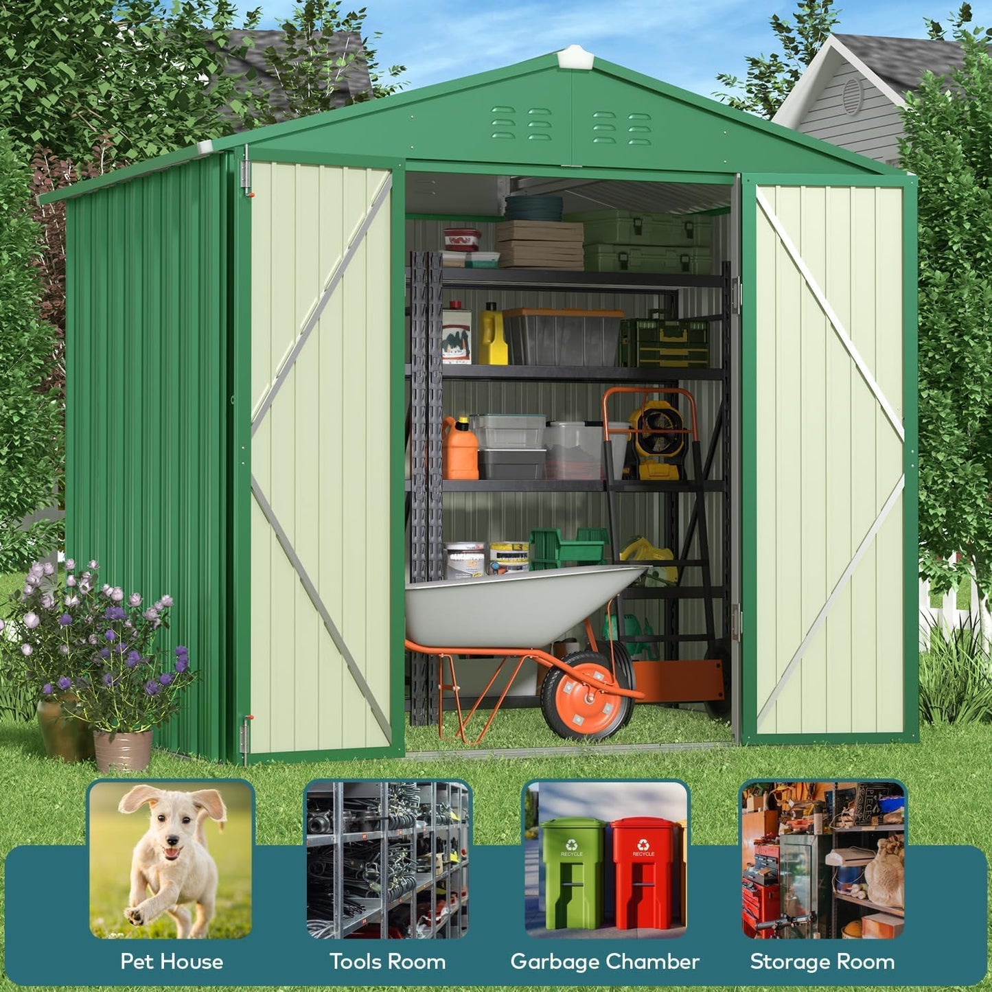Gizoon Outdoor Storage Shed 8 x 6 FT, Galvanized Metal Garden Shed with Double Lockable Doors, Outdoor Storage Clearance for Backyard Patio Lawn-Green