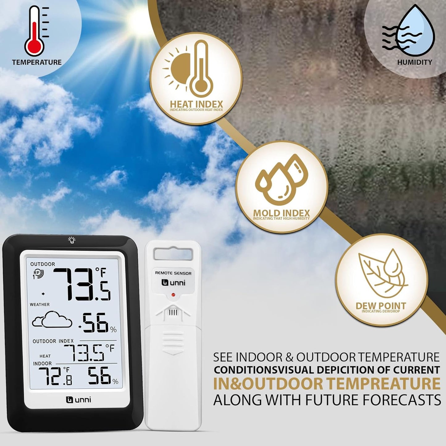 Indoor Outdoor Thermometer Hygrometer Wireless Weather Station, Temperature Humidity Monitor Battery Powered Inside Outside Thermometers with 330ft Range Remote Sensor(Black)