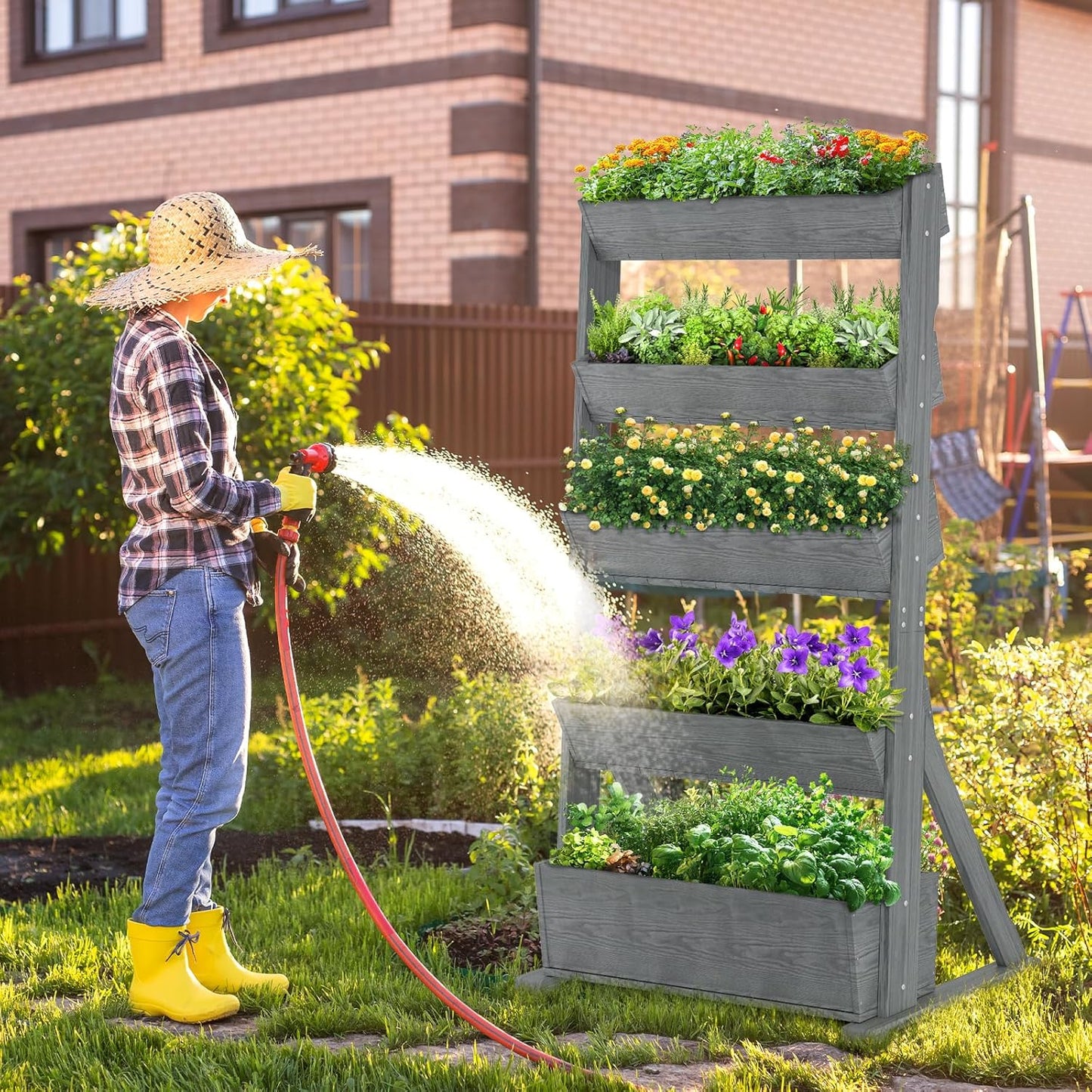 SUNYRISY 5 Tiers Vertical Raised Garden Bed Outdoor Planter Tower, Wooden Freestanding Planter Box for Planting Herbs Flowers Vegetables Backyard Patio Balcony Indoor Outdoor Gardening, Grey