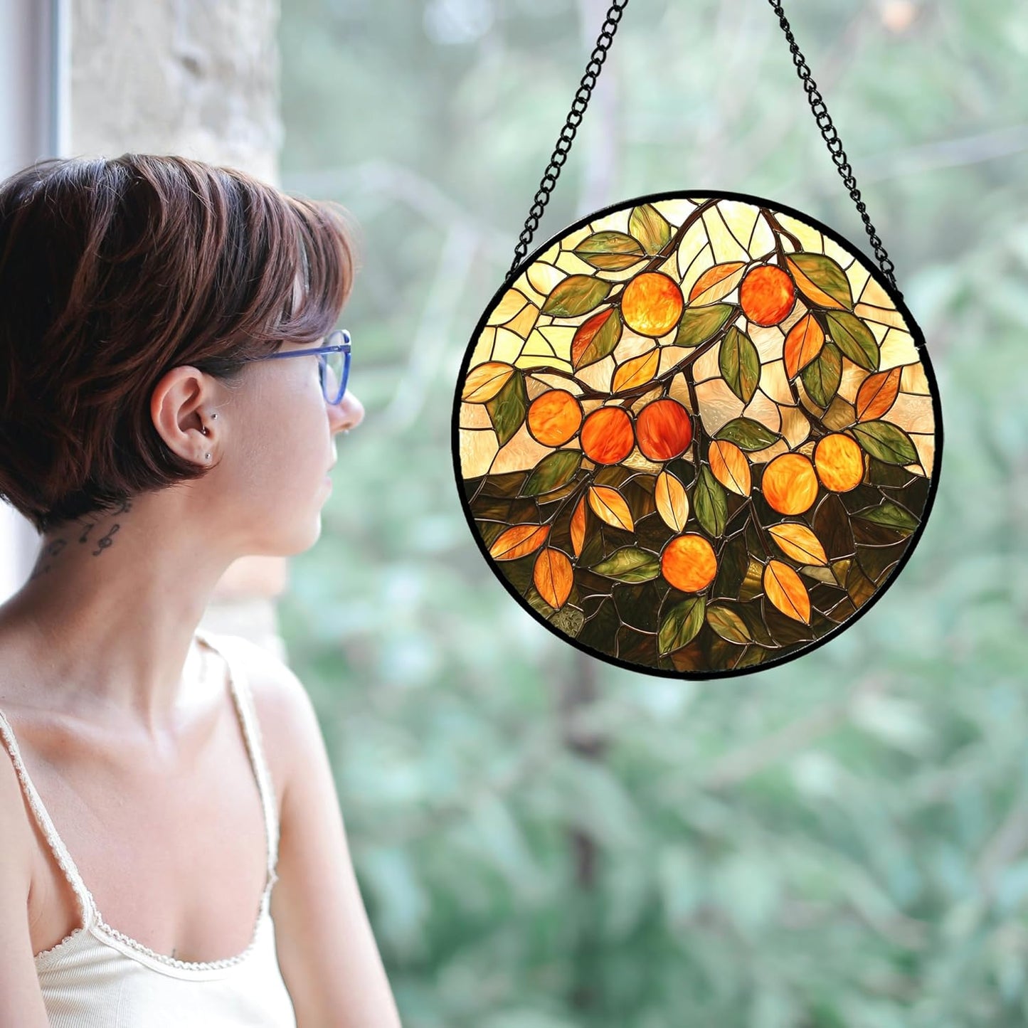 Stained Glass Suncatcher, Orange Green Fruit Tree Sun Catcher Landscape Stain Glass Window Hanging Decoration Mother's Day Birthday Gifts for Women Men Mom Nana 9.8 in