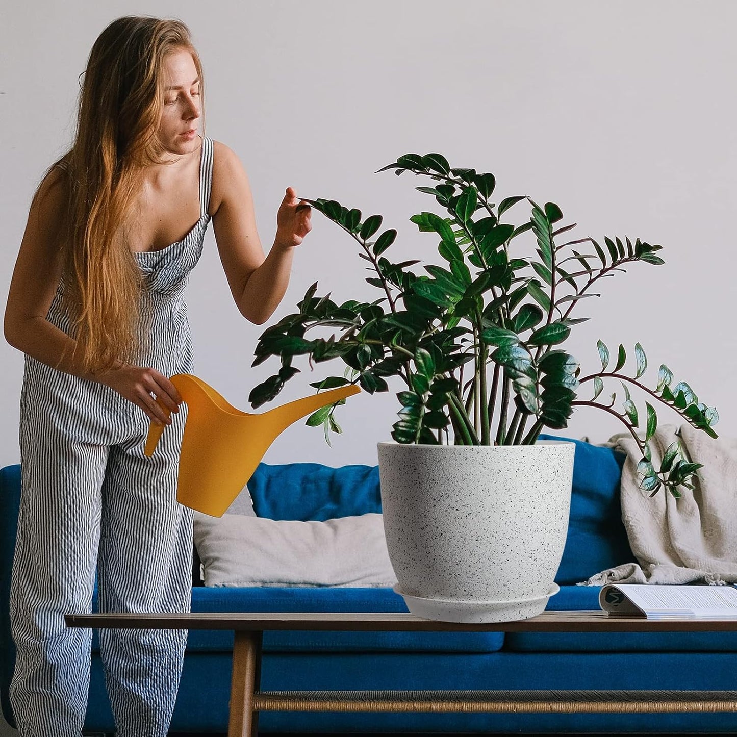 Modern Plant Pots Set, 9/8/7.5 inch Plastic Planters for Indoor Plants, Stylish Flower Pots with Drainage Holes and Saucers for House Plants and Flowers, White Speckles