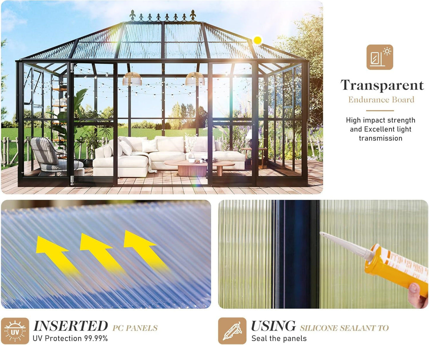 HOWE 14x9.5x9 FT Pavilion Styled Greenhouse with Clear Panels Double Swing Doors, 6 FT Wall Height Hybrid Polycarbonate Greenhouse, Green Houses for Outdoors, Sunroom Black