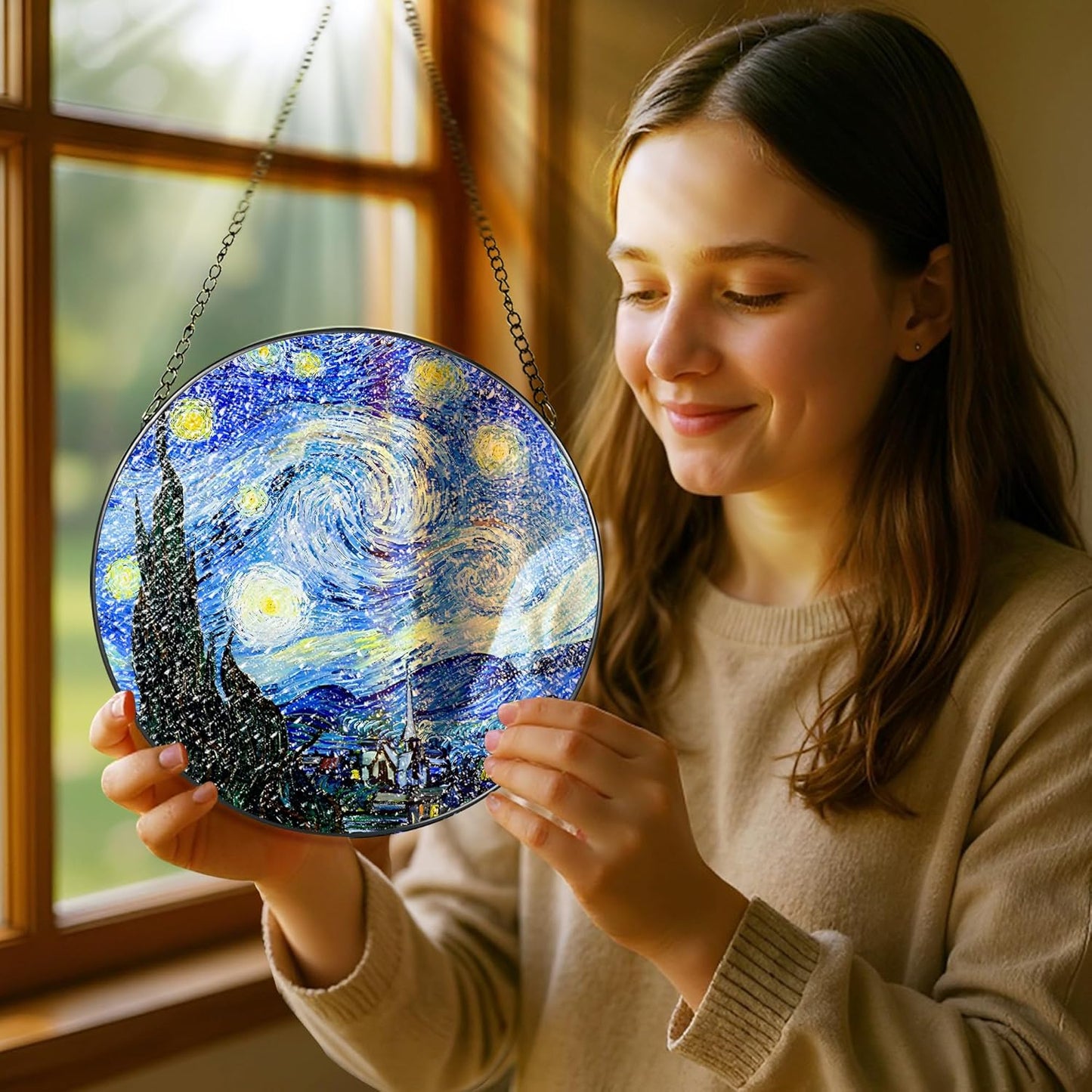 Stained Glass Window Hanging, Pauyadu Van Gogh Starry Night Sun Catchers, Stained Glass Suncatcher, Starry Night Decor Gifts for Her, Women, Art Lover, Friend - 8 Inch