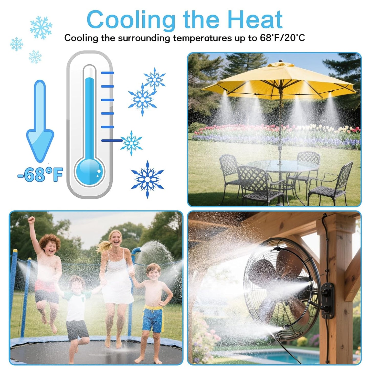 Misting Cooling System 52FT (16M) Misting Line + 18 Brass Mist Nozzles + Brass Adapter(3/4") Outdoor Mister for Patio Backyard Garden Greenhouse Watering Cooling