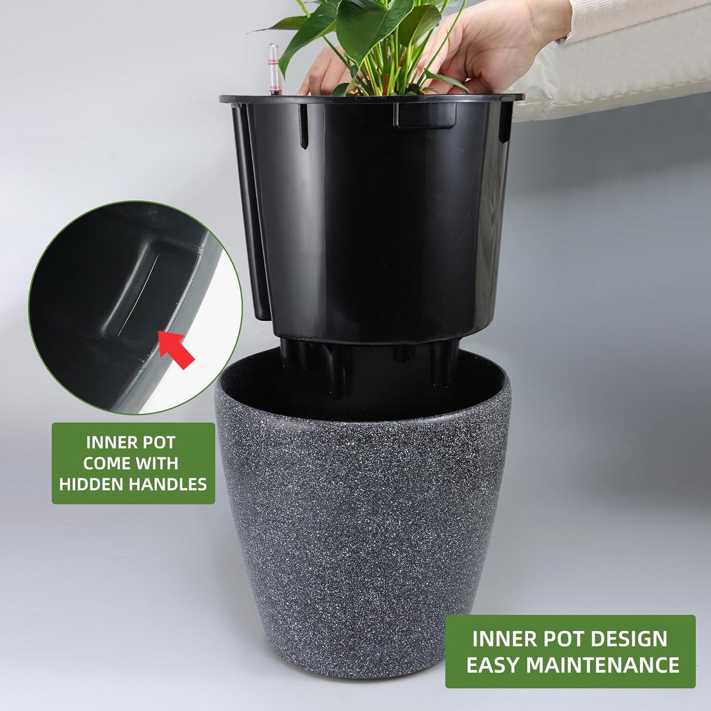 Dexceder 13x12 Self Watering Planter with Wheels Indoor Outdoor, Inner Pot Design, Thickened Large Floor Standing Flower Plant Pot with Water Level Indicator (Stone Matte)
