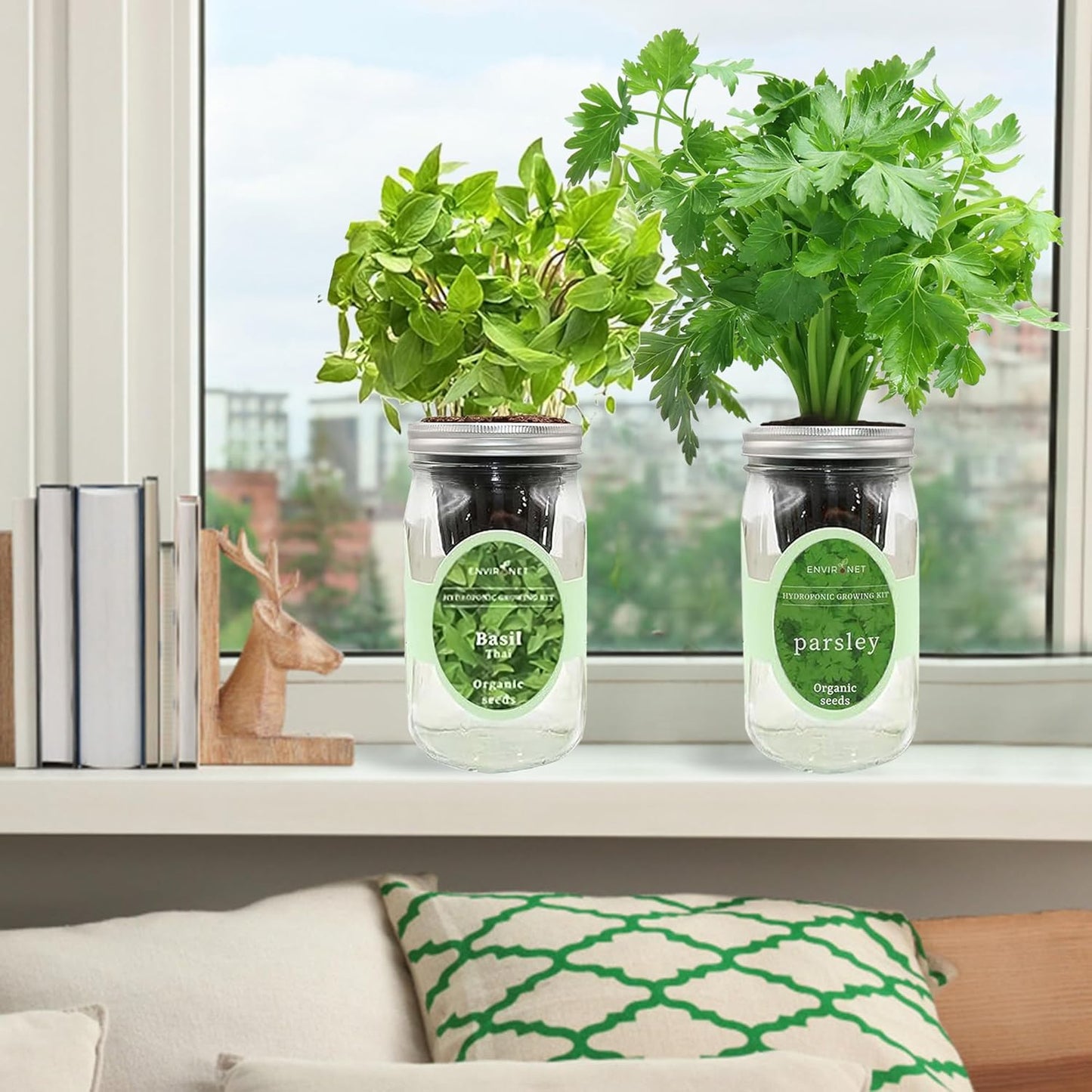 2-Pack Hydroponic Mason Jar Herb Garden Kit, Indoor Herb Garden Self-Watering Starter Kit (Thai Basil,Parsley)