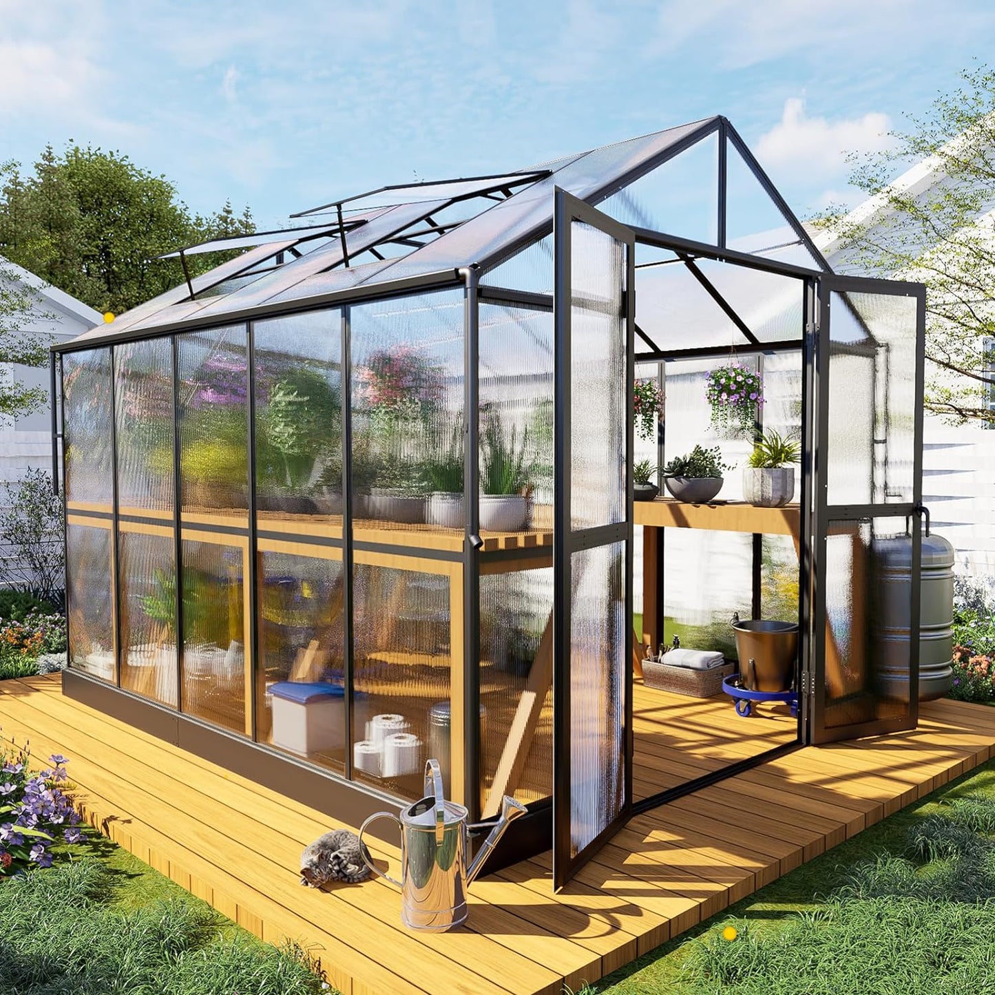 HOWE 8x10x7.5 FT Polycarbonate Greenhouse Double Swing Doors 2 Vents 5.2FT Added Wall Height, Walk-in Large Aluminum Greenhouse Sunroom Winter Greenhouse for Outdoors, Black (54FG-5)
