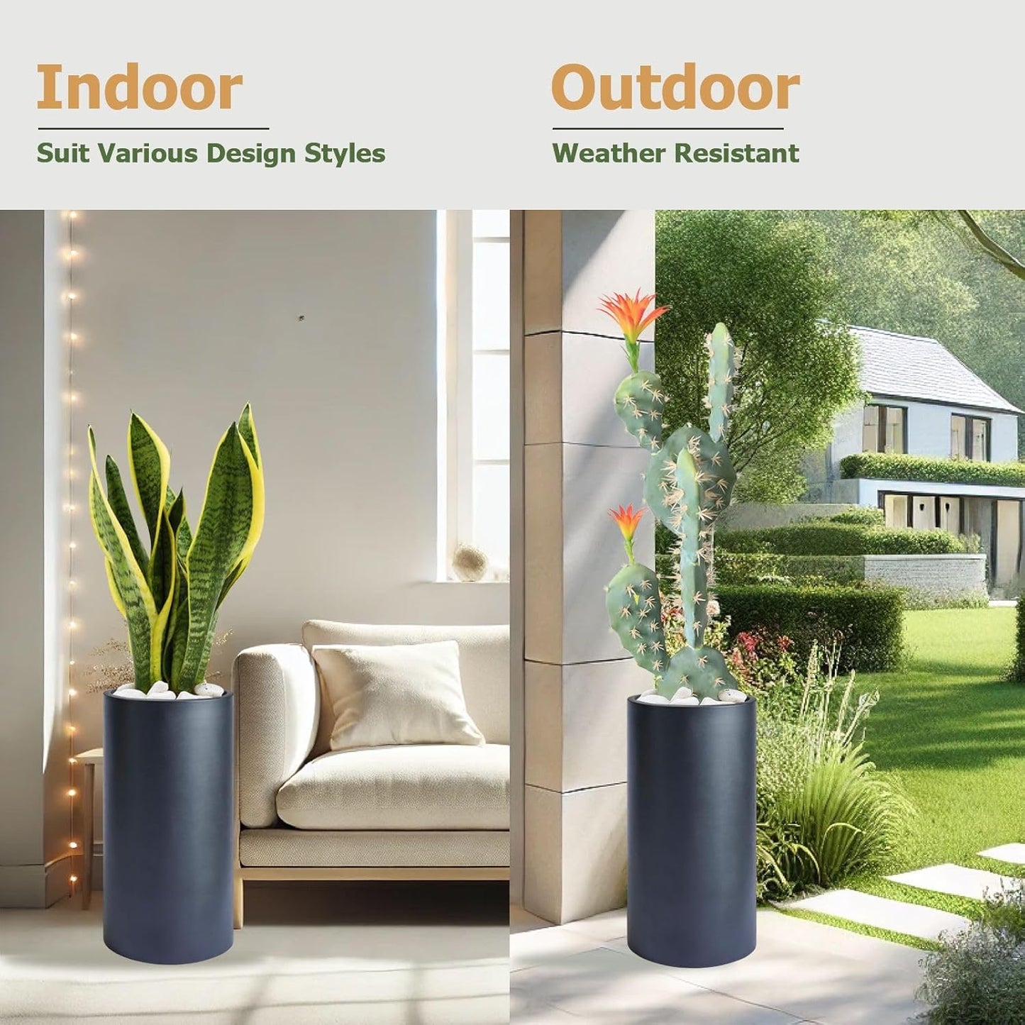 19.5"H x 9.8"D Tubo Fiberstone Cylinder Tall Planter with Drainage Hole, Smooth Finishes, Weather Resistant for Indoor and Outdoor Use, Included 2 Extra Coco Mats (Black, 8.2" Pot Opening)